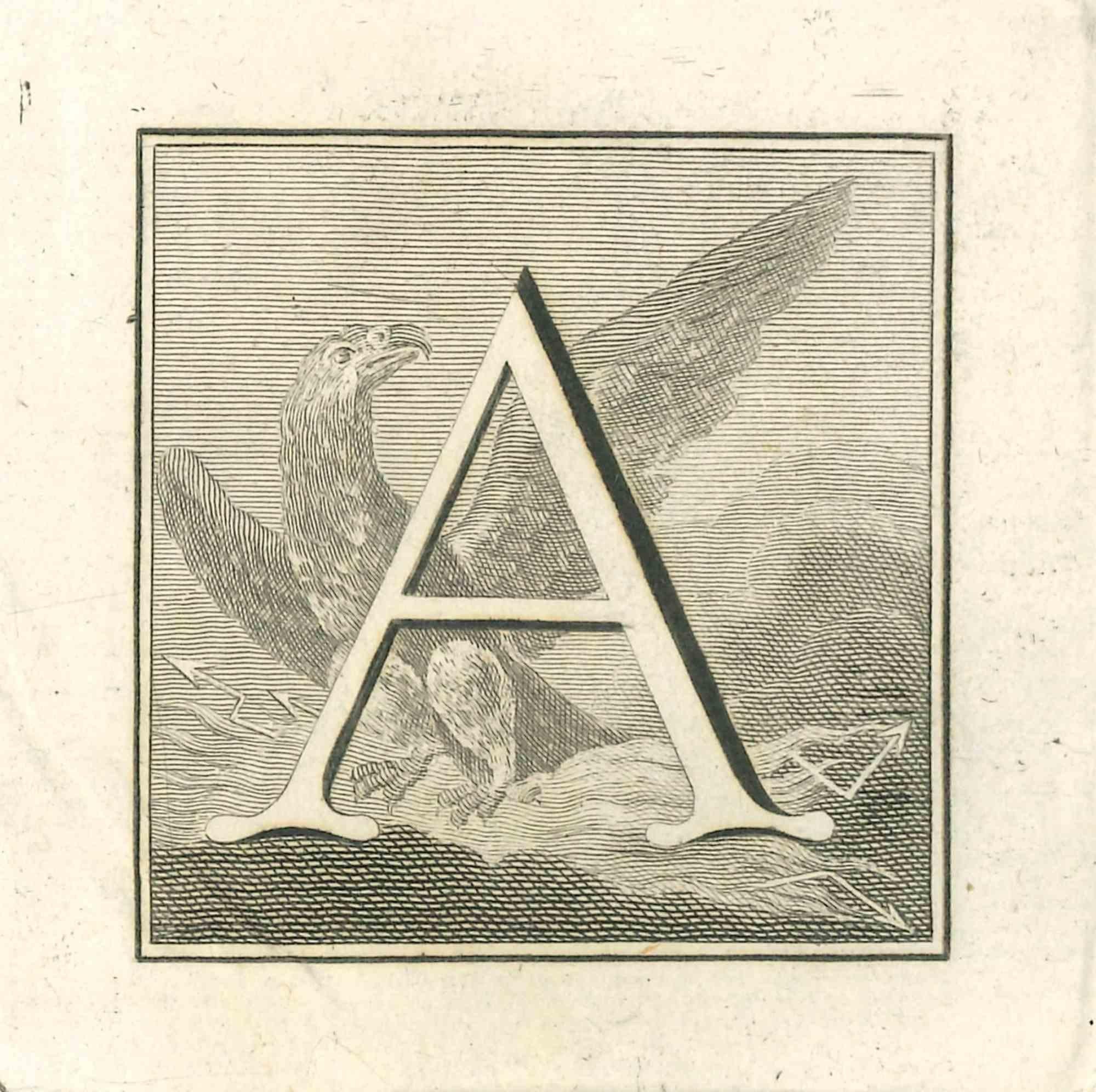 Letter A is an Etching realized by Luigi Vanvitelli artist of 18th century.

The etching belongs to the print suite “Antiquities of Herculaneum Exposed” (original title: “Le Antichità di Ercolano Esposte”), an eight-volume volume of engravings of