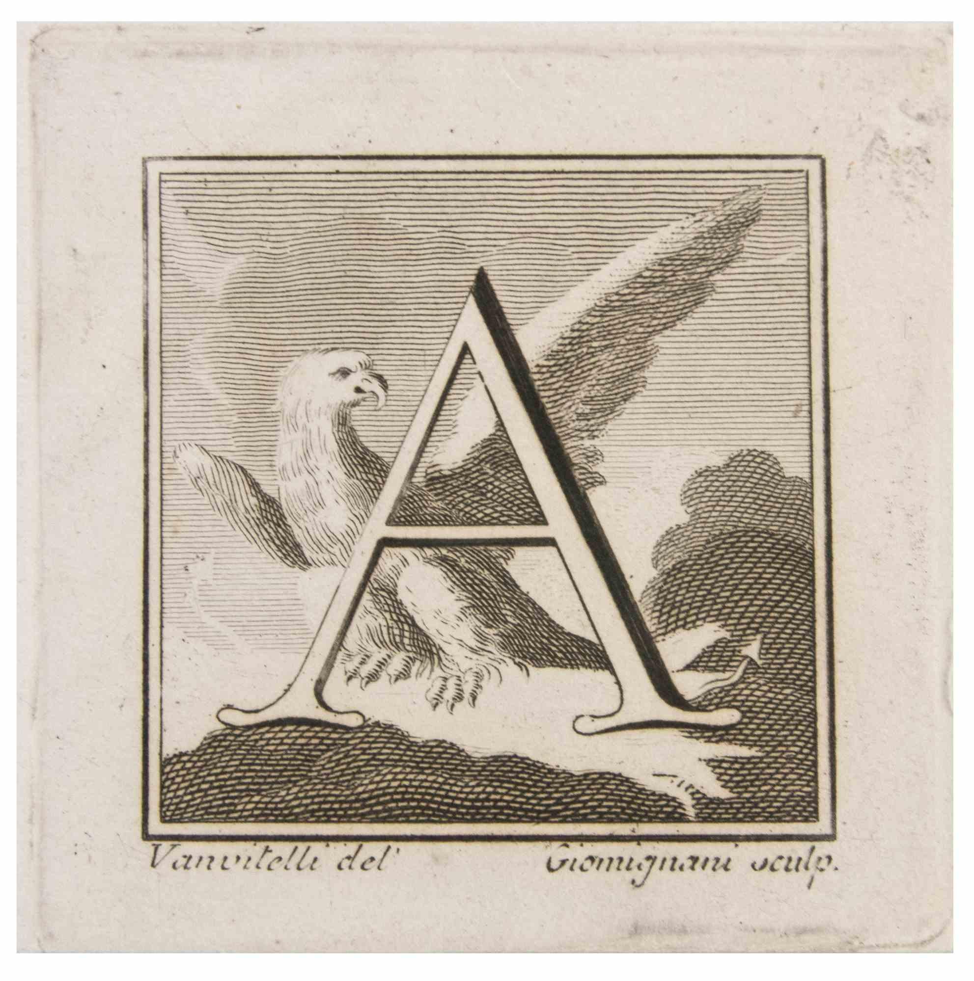 Letter A is an Etching realized by Luigi Vanvitelli.

The etching belongs to the print suite “Antiquities of Herculaneum Exposed” (original title: “Le Antichità di Ercolano Esposte”), an eight-volume volume of engravings of the finds from the