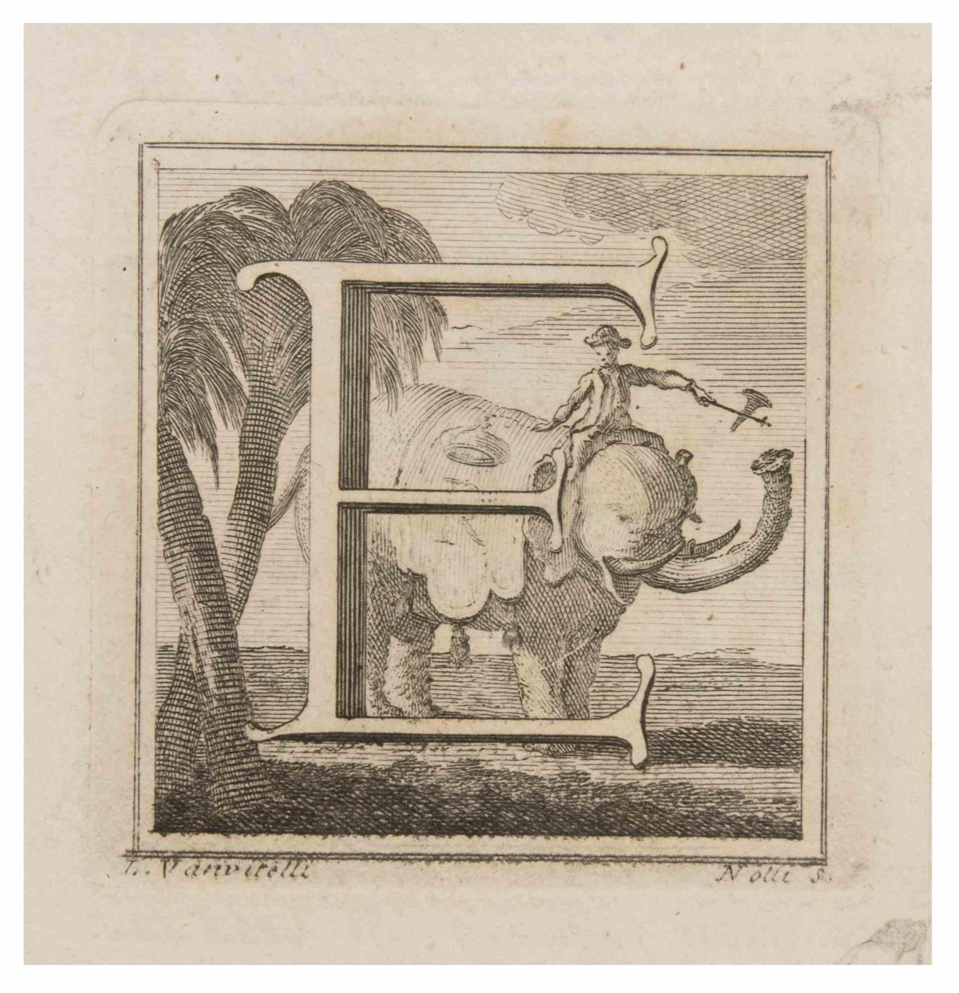 Letter E is an Etching realized by Luigi Vanvitelli.

The etching belongs to the print suite “Antiquities of Herculaneum Exposed” (original title: “Le Antichità di Ercolano Esposte”), an eight-volume volume of engravings of the finds from the