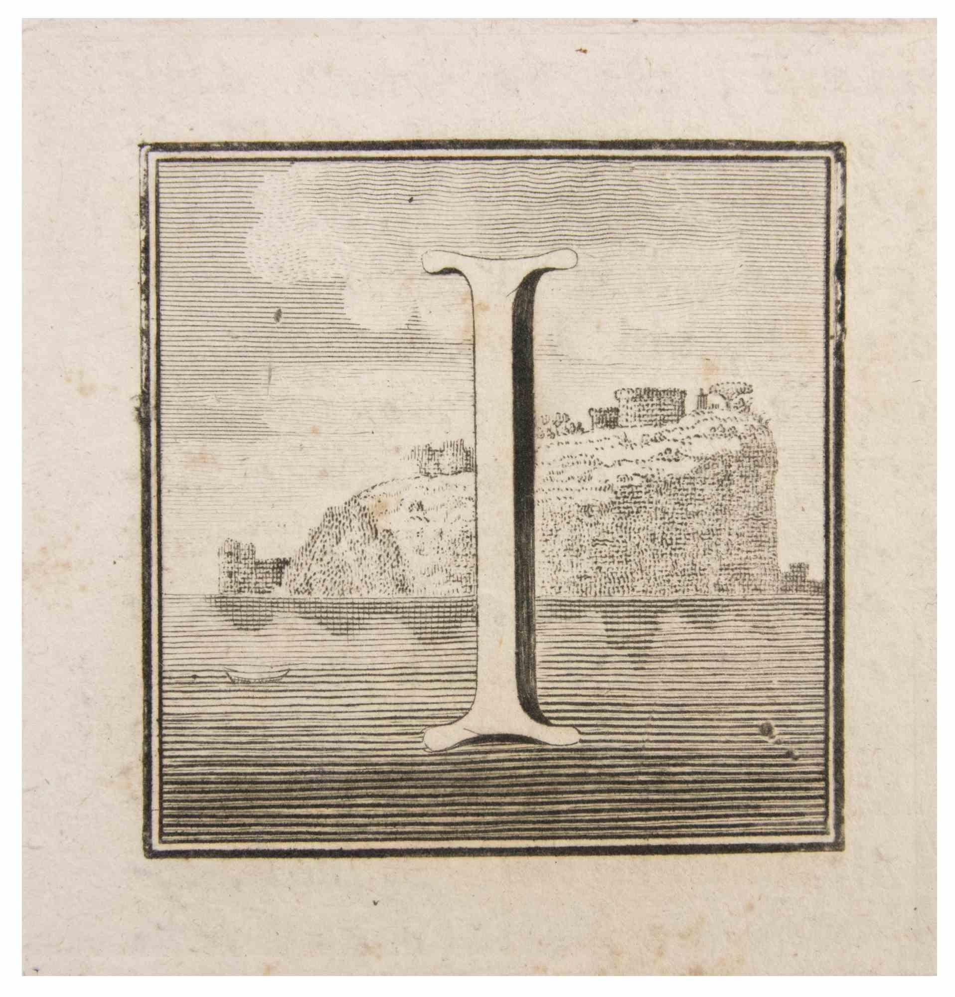 Buchstabe I ist eine Radierung von Luigi Vanvitelli.

Die Radierung gehört zu der Druckserie "Antiquities of Herculaneum Exposed" (Originaltitel: "Le Antichità di Ercolano Esposte"), einem achtbändigen Band mit Stichen von Funden aus den
