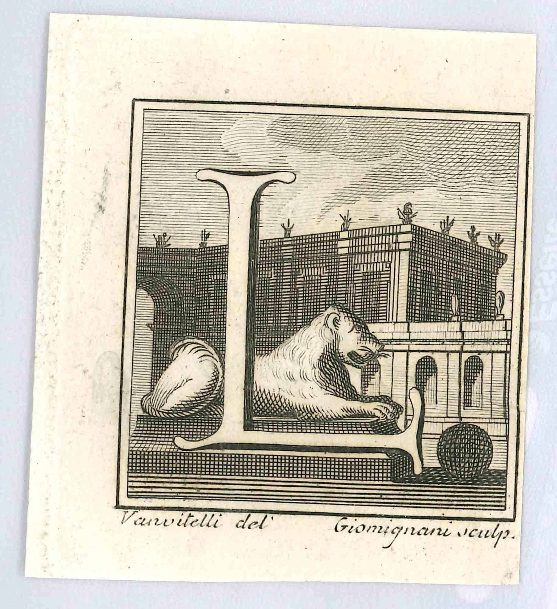 Letter L is an Etching realized by Luigi Vanvitelli in 18th century.

The etching belongs to the print suite “Antiquities of Herculaneum Exposed” (original title: “Le Antichità di Ercolano Esposte”), an eight-volume volume of engravings of the finds