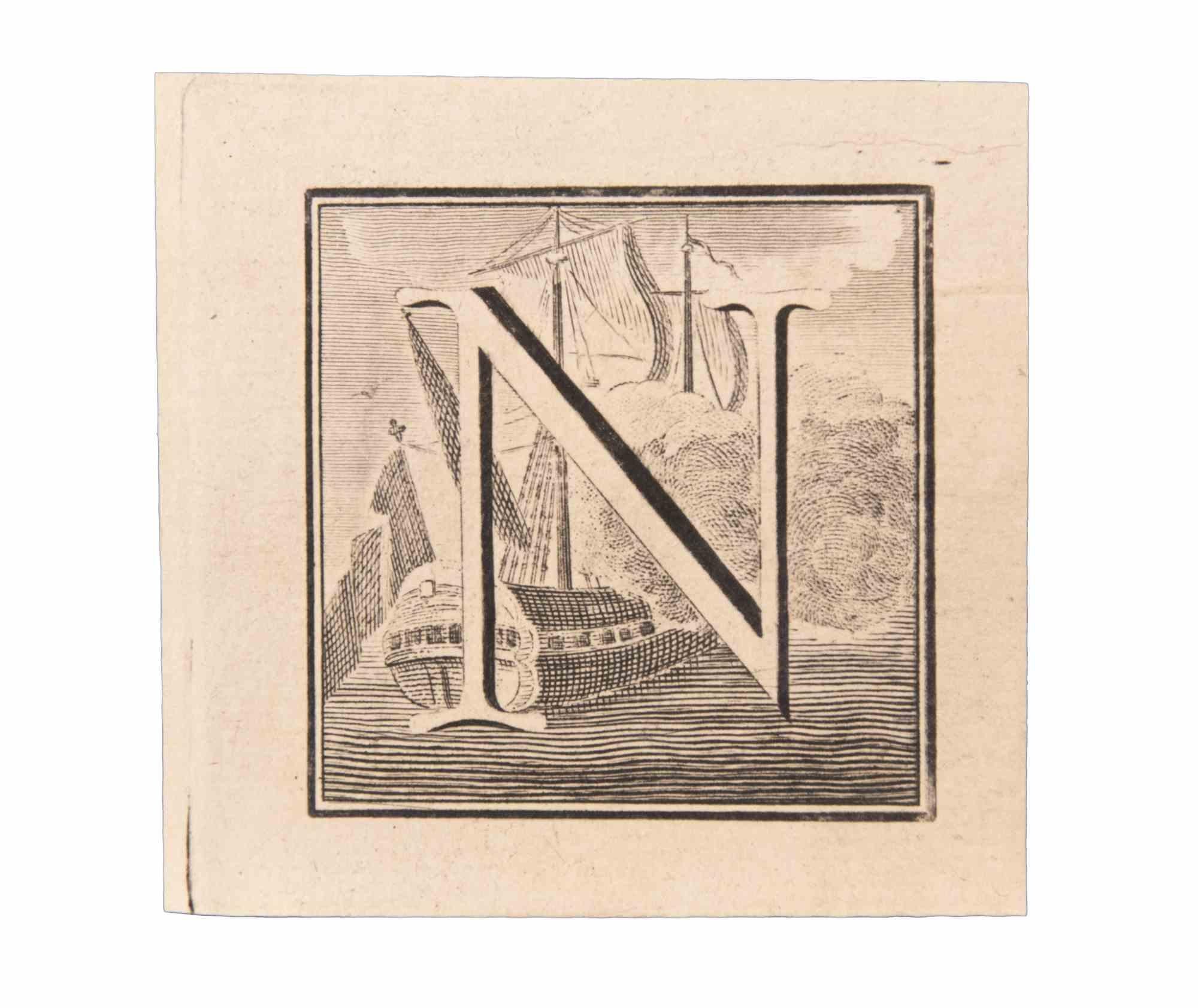 Letter N is an Etching realized by Luigi Vanvitelli of 18th century.

The etching belongs to the print suite “Antiquities of Herculaneum Exposed” (original title: “Le Antichità di Ercolano Esposte”), an eight-volume volume of engravings of the finds