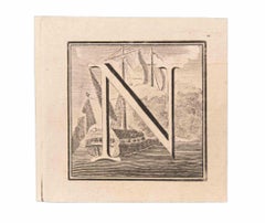 Antique Letter N - Etching by Luigi Vanvitelli - 18th Century