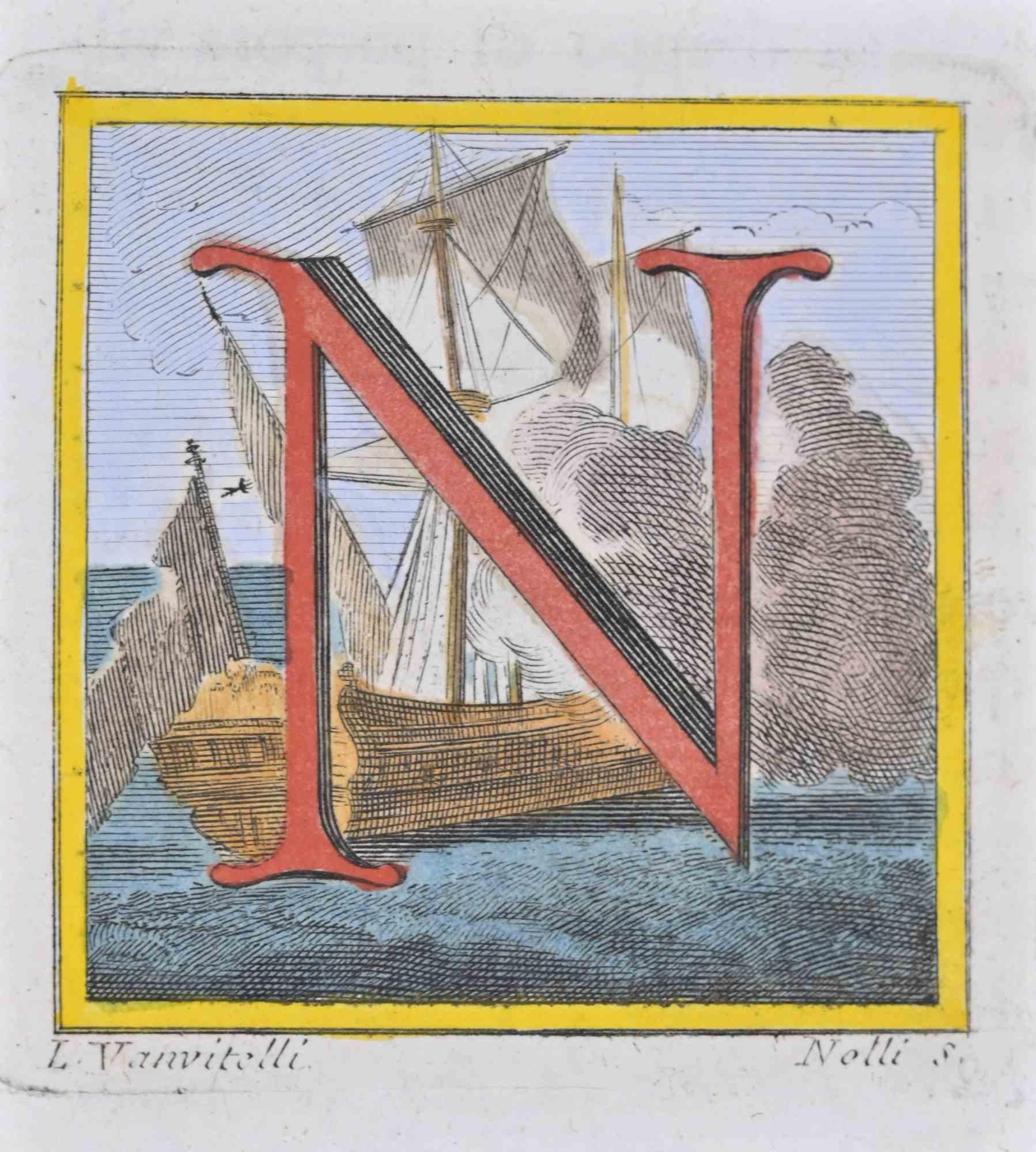 Letter N - Etching by Luigi Vanvitelli - 18th Century