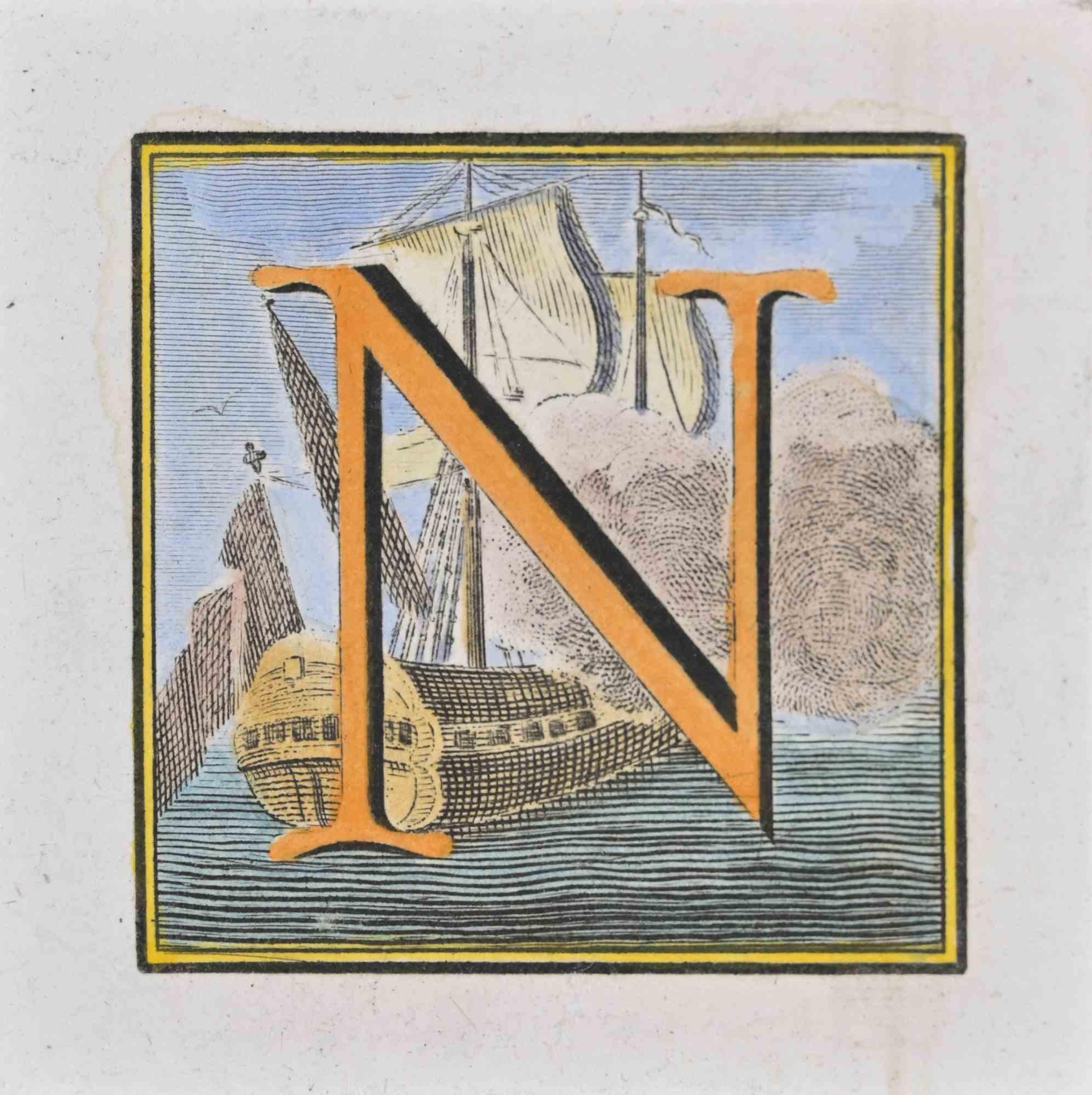 Letter N - Etching by Luigi Vanvitelli - 18th Century