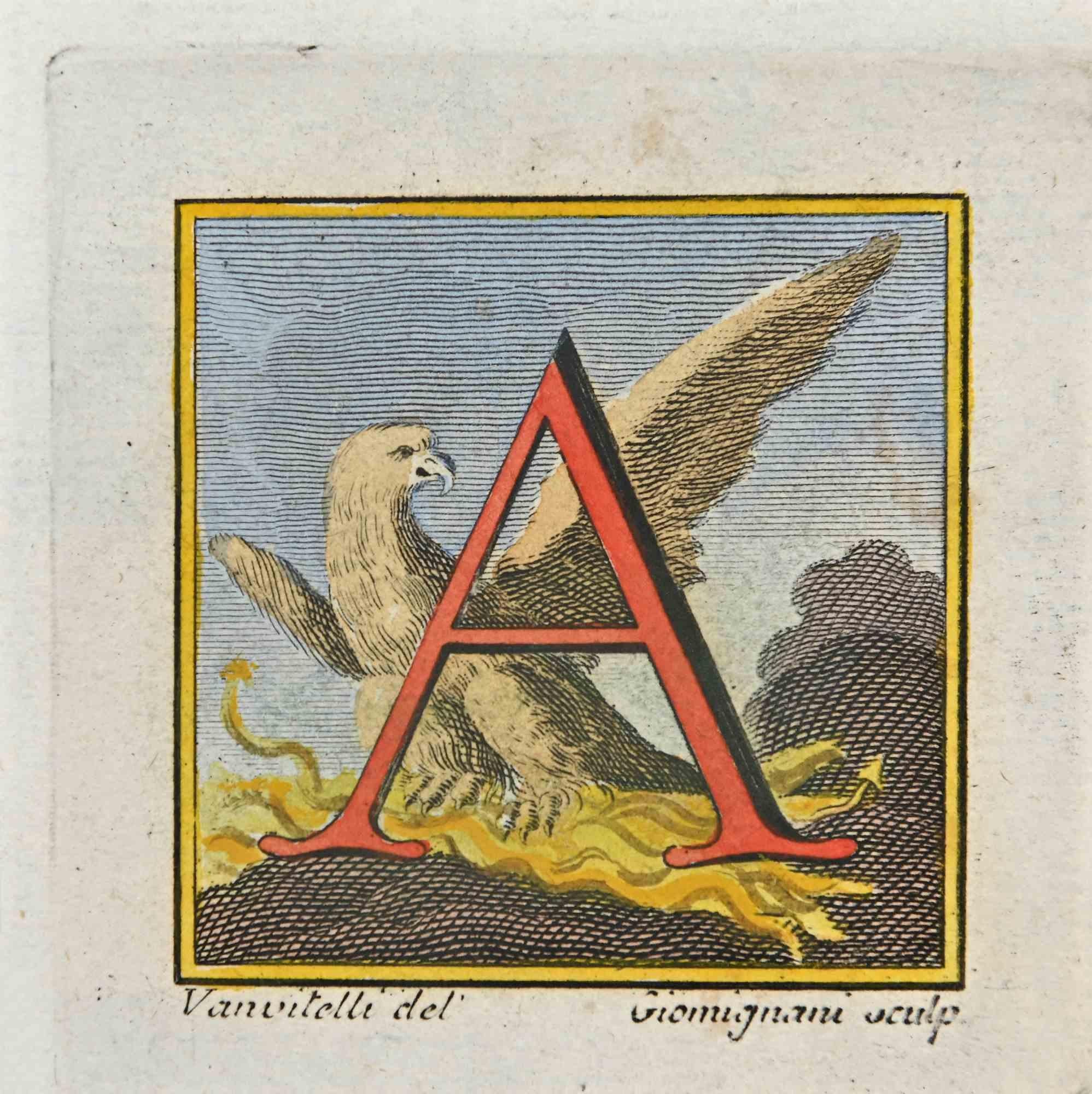Lettre de l'alphabet A,  de la série "Antiquités d'Herculanum", est une gravure sur papier réalisée par Luigi Vanvitelli au 18ème siècle.

Signé sur la plaque.

Bonnes conditions.

La gravure appartient à la suite d'estampes "Antiquités d'Herculanum
