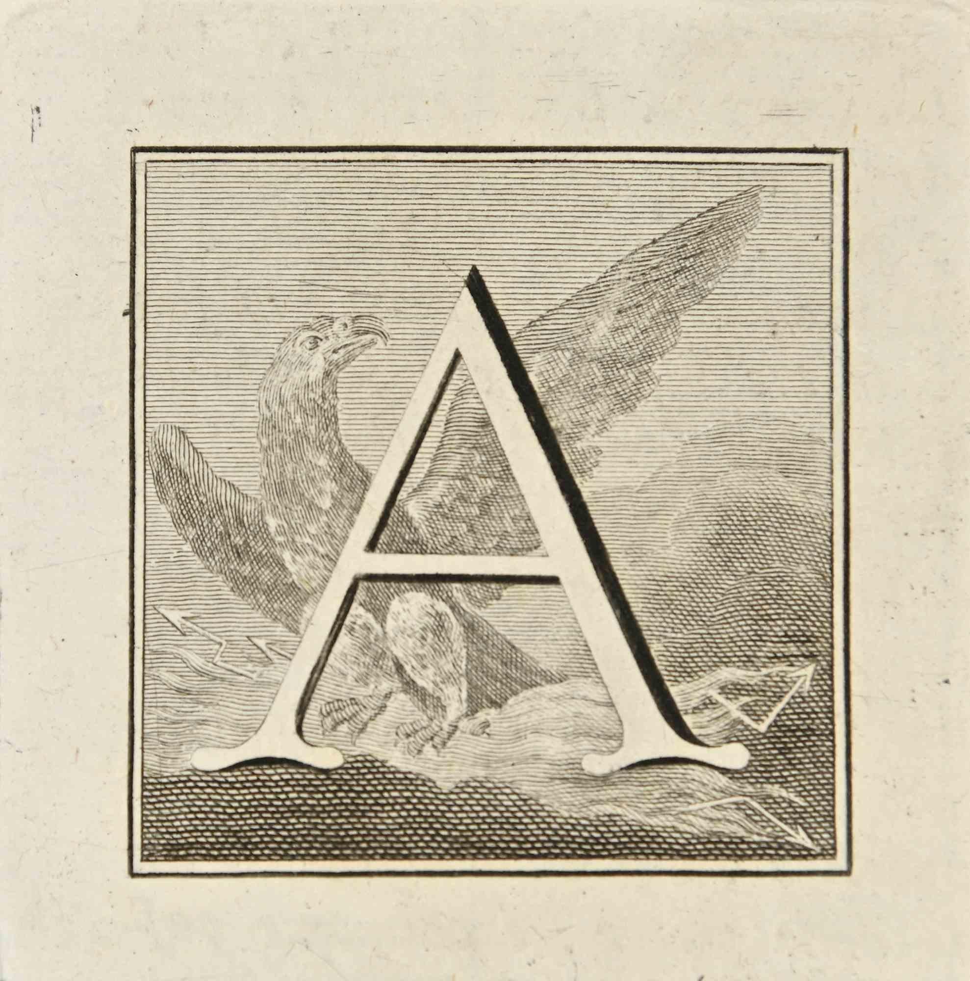 Letter of the Alphabet A,  from the series "Antiquities of Herculaneum", is an etching on paper realized by Luigi Vanvitelli in the 18th century.

Good conditions.

The etching belongs to the print suite “Antiquities of Herculaneum Exposed”