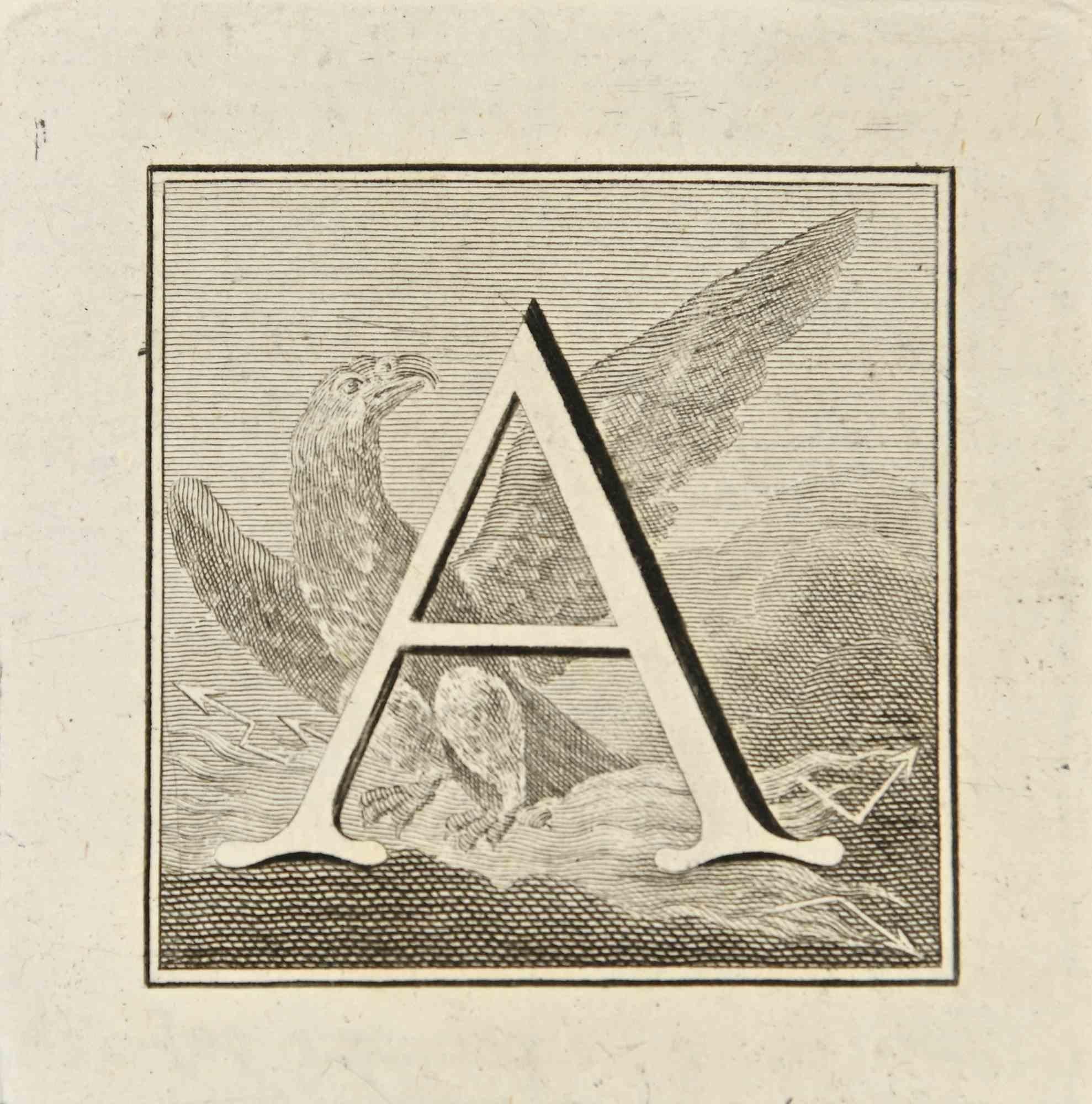 Buchstabe des Alphabets A,  aus der Serie "Altertümer von Herculaneum" ist eine Radierung auf Papier, die von Luigi Vanvitelli im 18.

Gute Bedingungen.

Die Radierung gehört zu der Druckserie "Antiquities of Herculaneum Exposed" (Originaltitel: "Le