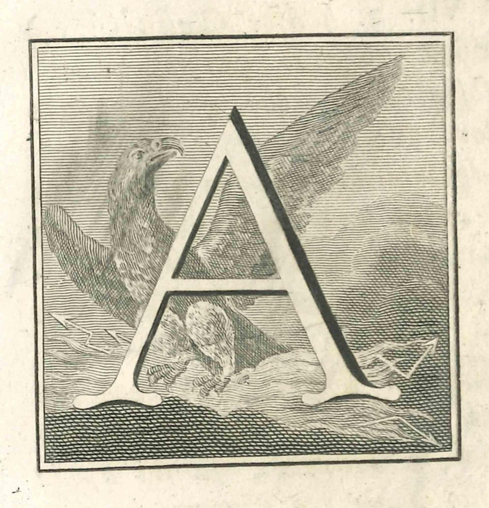 Lettre de l'alphabet A,  de la série "Antiquités d'Herculanum", est une gravure sur papier réalisée par divers auteurs au 18ème siècle.

Bonnes conditions.

La gravure appartient à la suite d'estampes "Antiquités d'Herculanum exposées" (titre