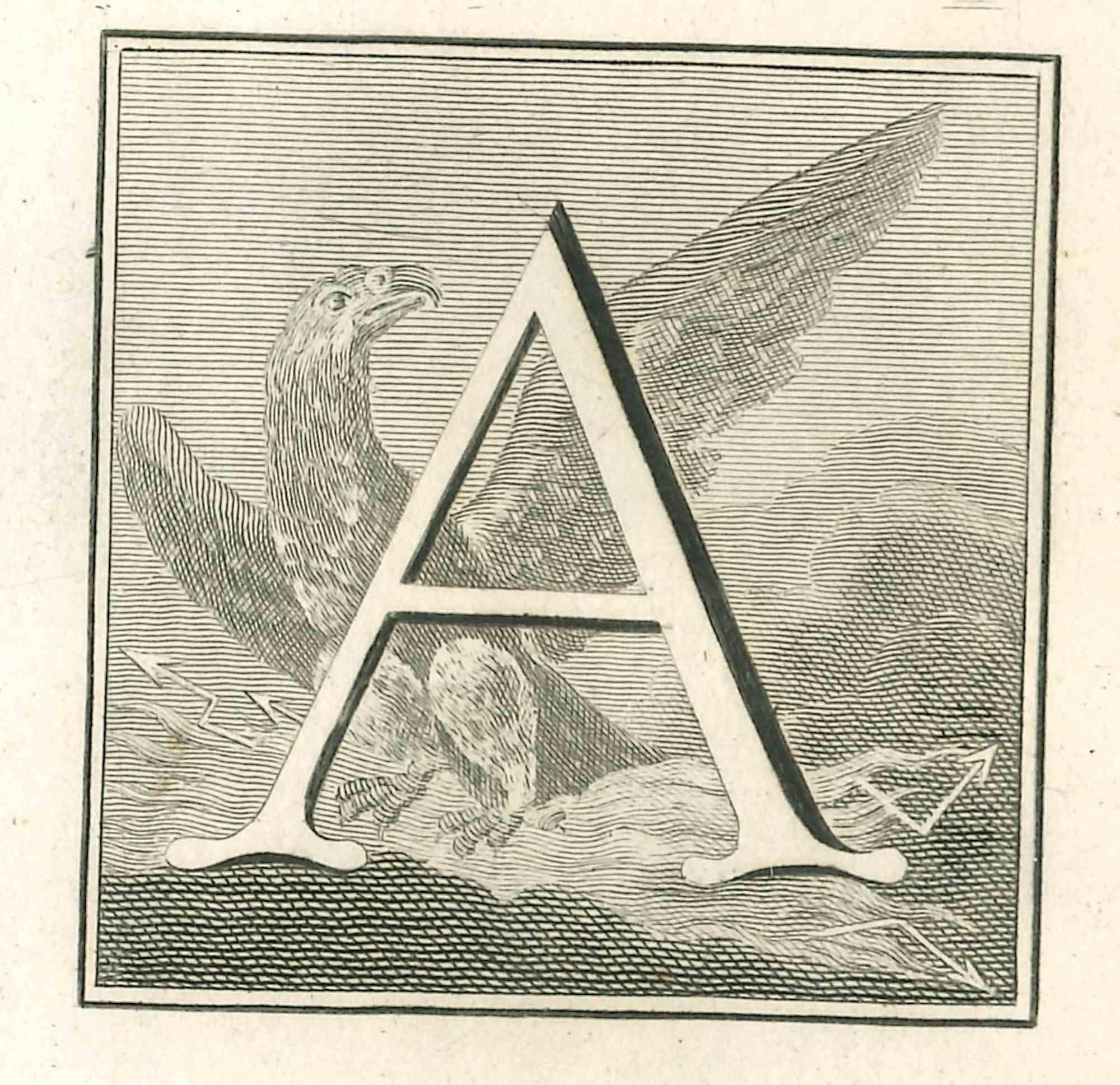 Letter of the Alphabet A,  from the series "Antiquities of Herculaneum", is an etching on paper realized by Luigi Vanvitelli in the 18th century.

Good conditions.

The etching belongs to the print suite “Antiquities of Herculaneum Exposed”