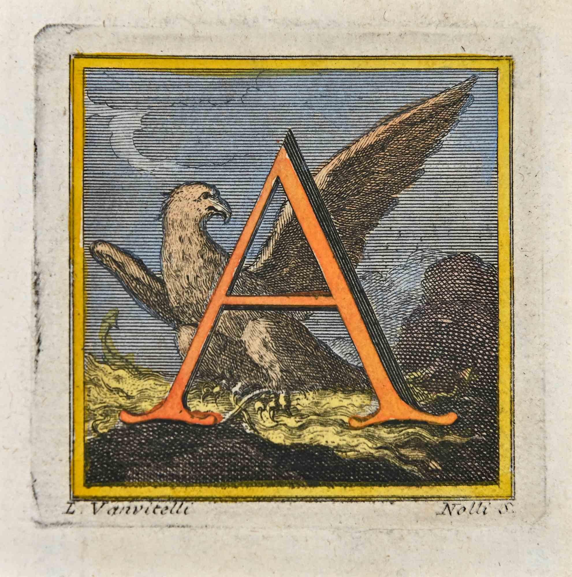 Letter of the Alphabet A from the series "Antiquities of Herculaneum", is an etching on paper realized by Luigi Vanvitelli in the 18th century.

Signed on the plate.

Good conditions.

The etching belongs to the print suite “Antiquities of
