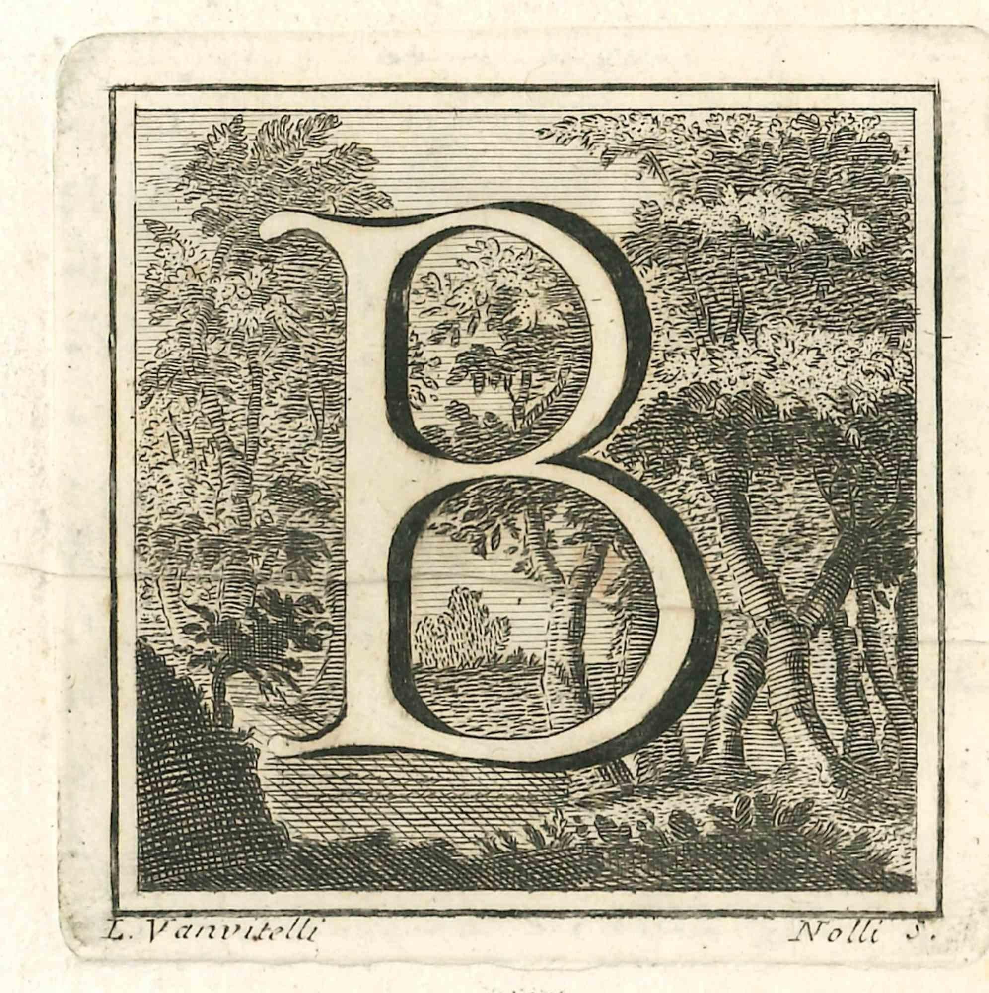 Lettre de l'alphabet B,  de la série "Antiquités d'Herculanum", est une gravure sur papier réalisée par Luigi Vanvitelli au 18ème siècle.

Bonnes conditions.

La gravure appartient à la suite d'estampes "Antiquités d'Herculanum exposées" (titre