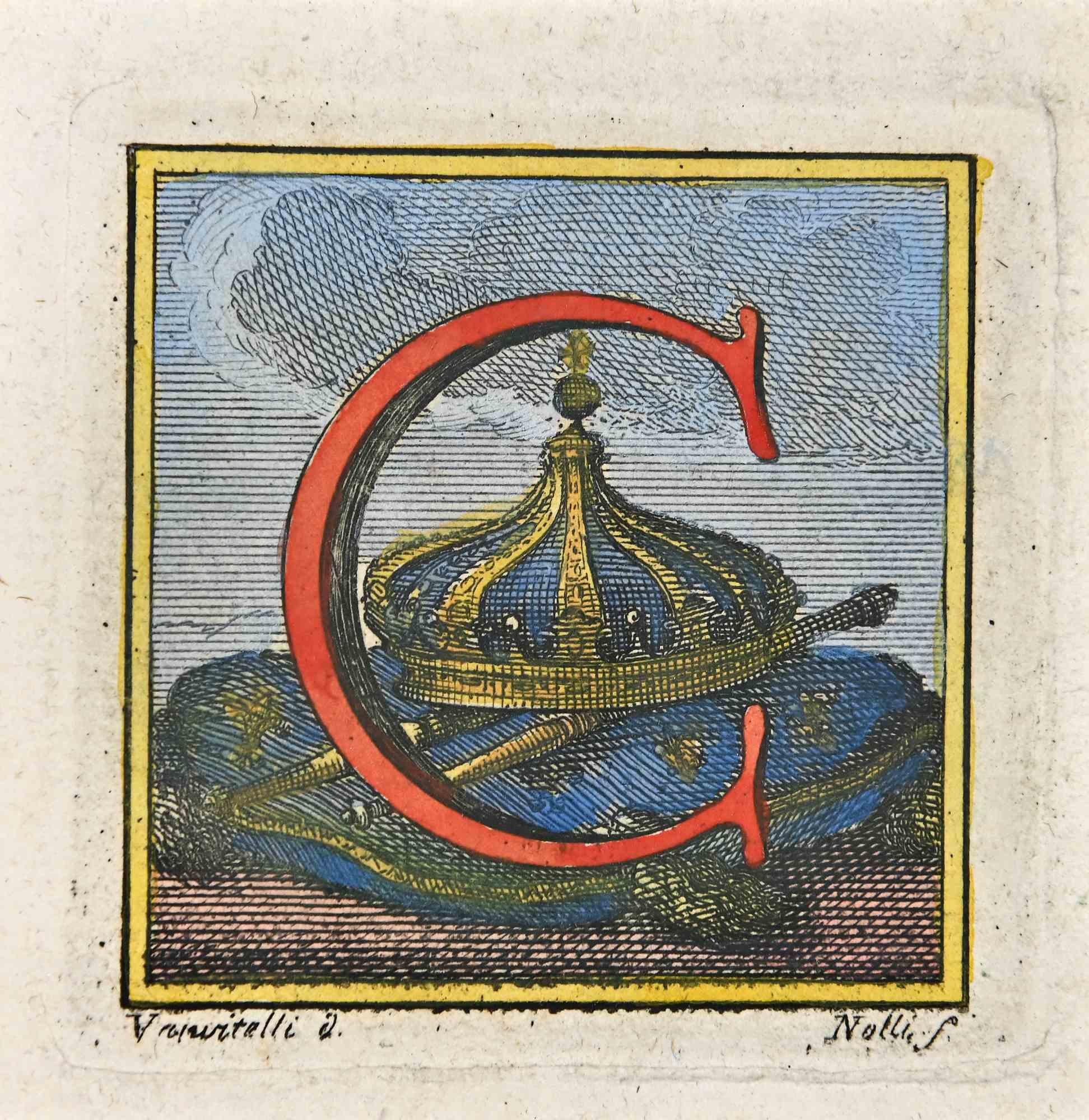 Letter of the Alphabet C  from the series "Antiquities of Herculaneum", is an etching on paper realized by Luigi Vanvitelli in the 18th century.

Signed on the plate.

Good conditions.

The etching belongs to the print suite “Antiquities of