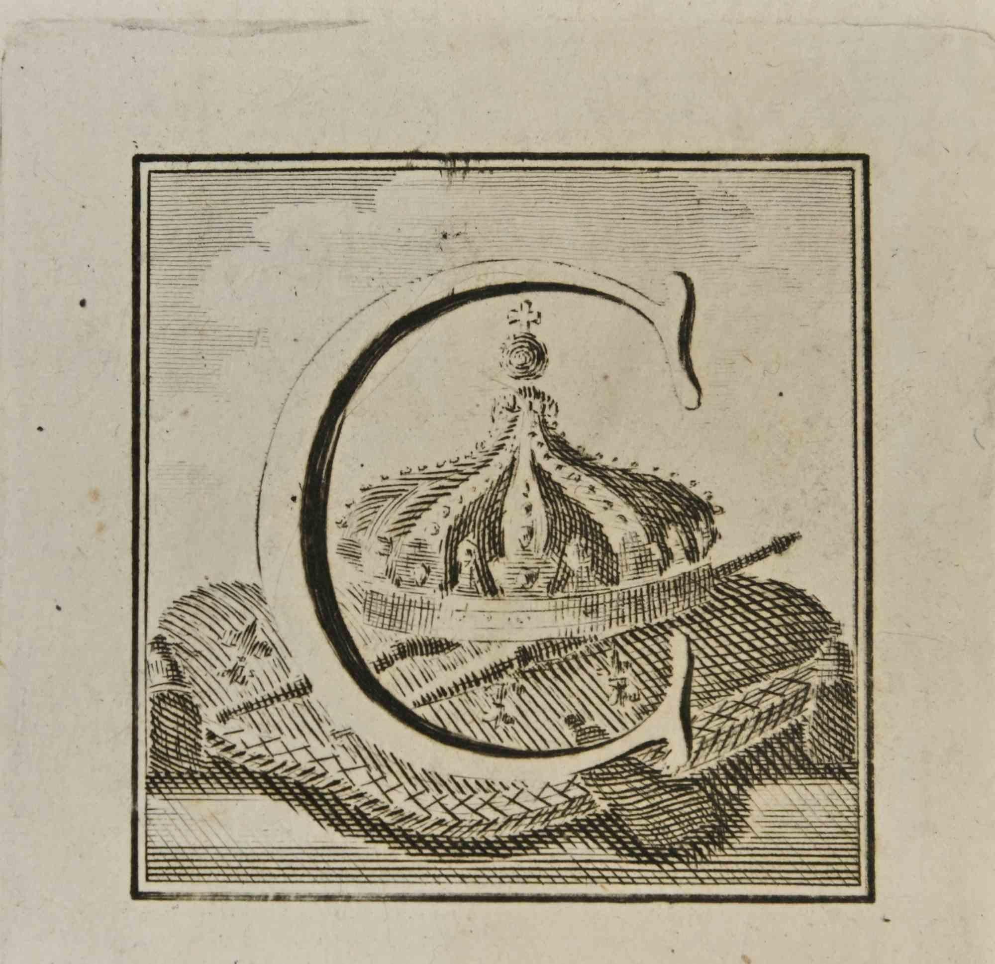 Lettera dell'alfabeto C,  della serie "Antichità di Ercolano", è un'acquaforte su carta realizzata da Luigi Vanvitelli nel XVIII secolo.
Buone condizioni.
L'incisione appartiene alla suite di stampe "Antiquities of Herculaneum Exposed" (titolo