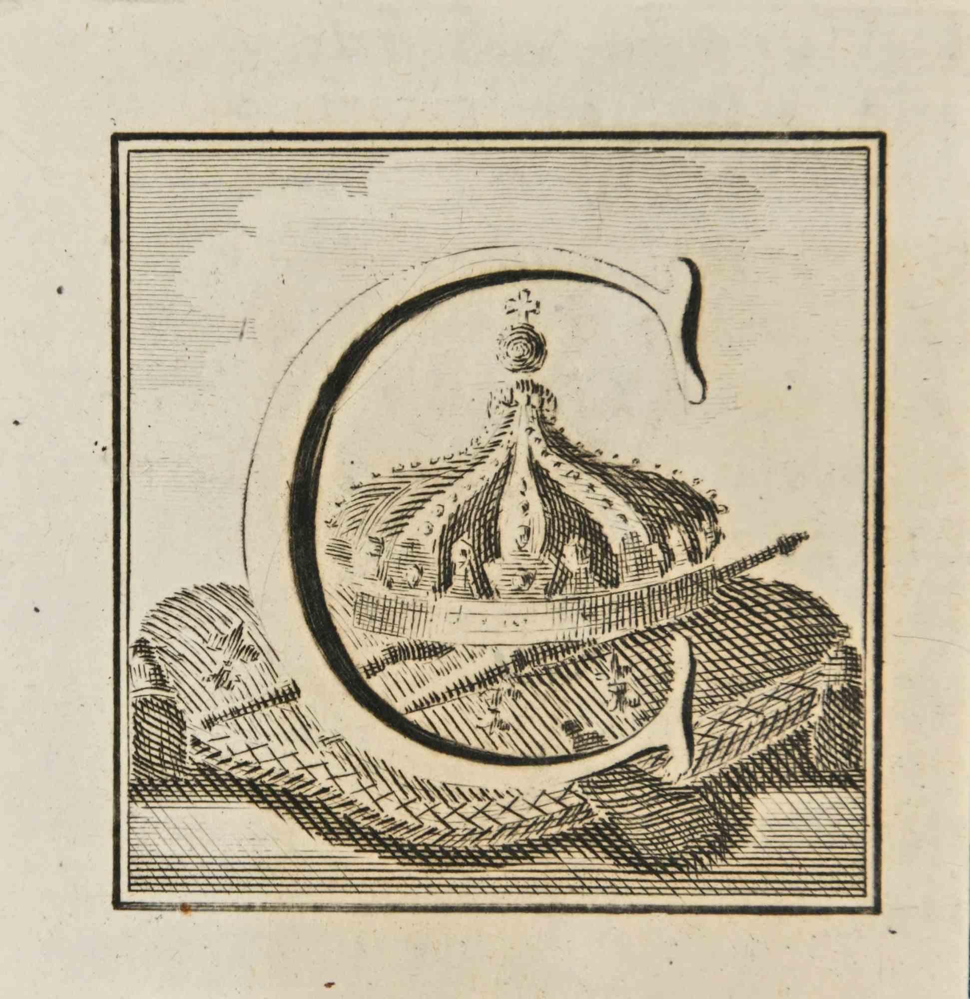 Letter of the Alphabet C,  from the series "Antiquities of Herculaneum", is an etching on paper realized by Luigi Vanvitelli in the 18th century.

Good conditions with minor foxing.

The etching belongs to the print suite “Antiquities of Herculaneum