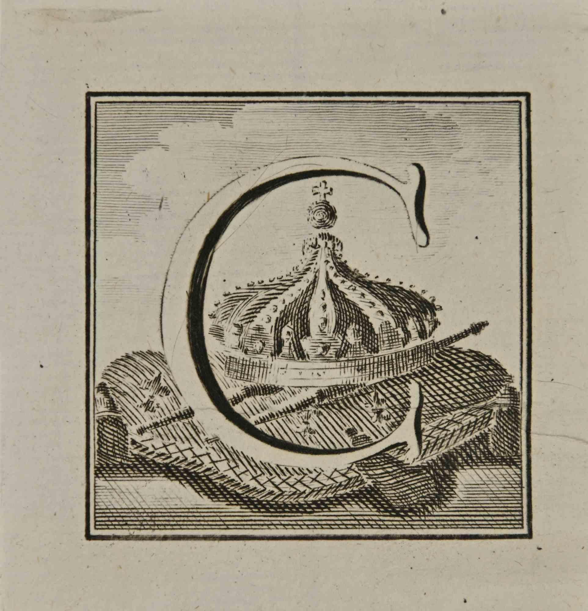 Lettre de l'alphabet C,  de la série "Antiquités d'Herculanum", est une gravure sur papier réalisée par Luigi Vanvitelli au 18ème siècle.

Bonnes conditions.

La gravure appartient à la suite d'estampes "Antiquités d'Herculanum exposées" (titre