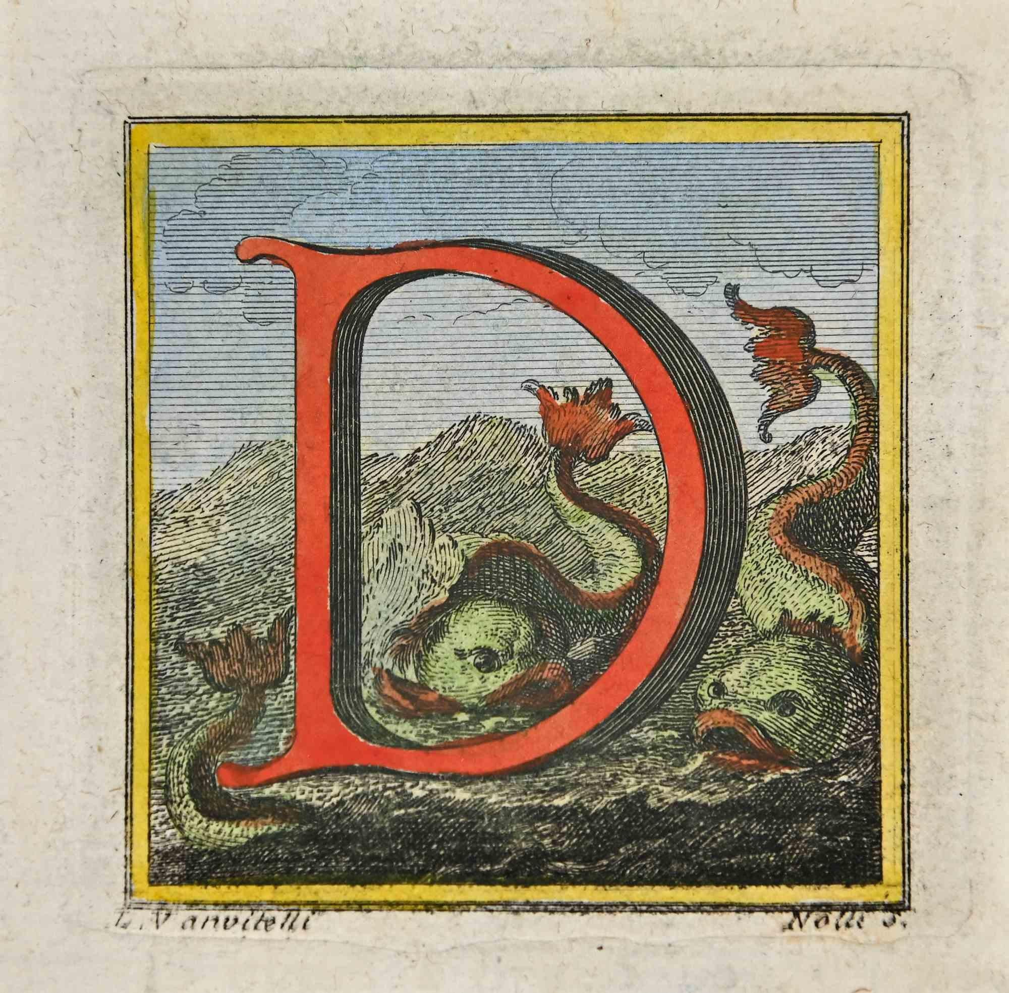 Buchstabe des Alphabets D  aus der Serie "Altertümer von Herculaneum" ist eine Radierung auf Papier, die von Luigi Vanvitelli im 18.

Signiert auf der Platte.

Gute Bedingungen.

Die Radierung gehört zu der Druckserie "Antiquities of Herculaneum