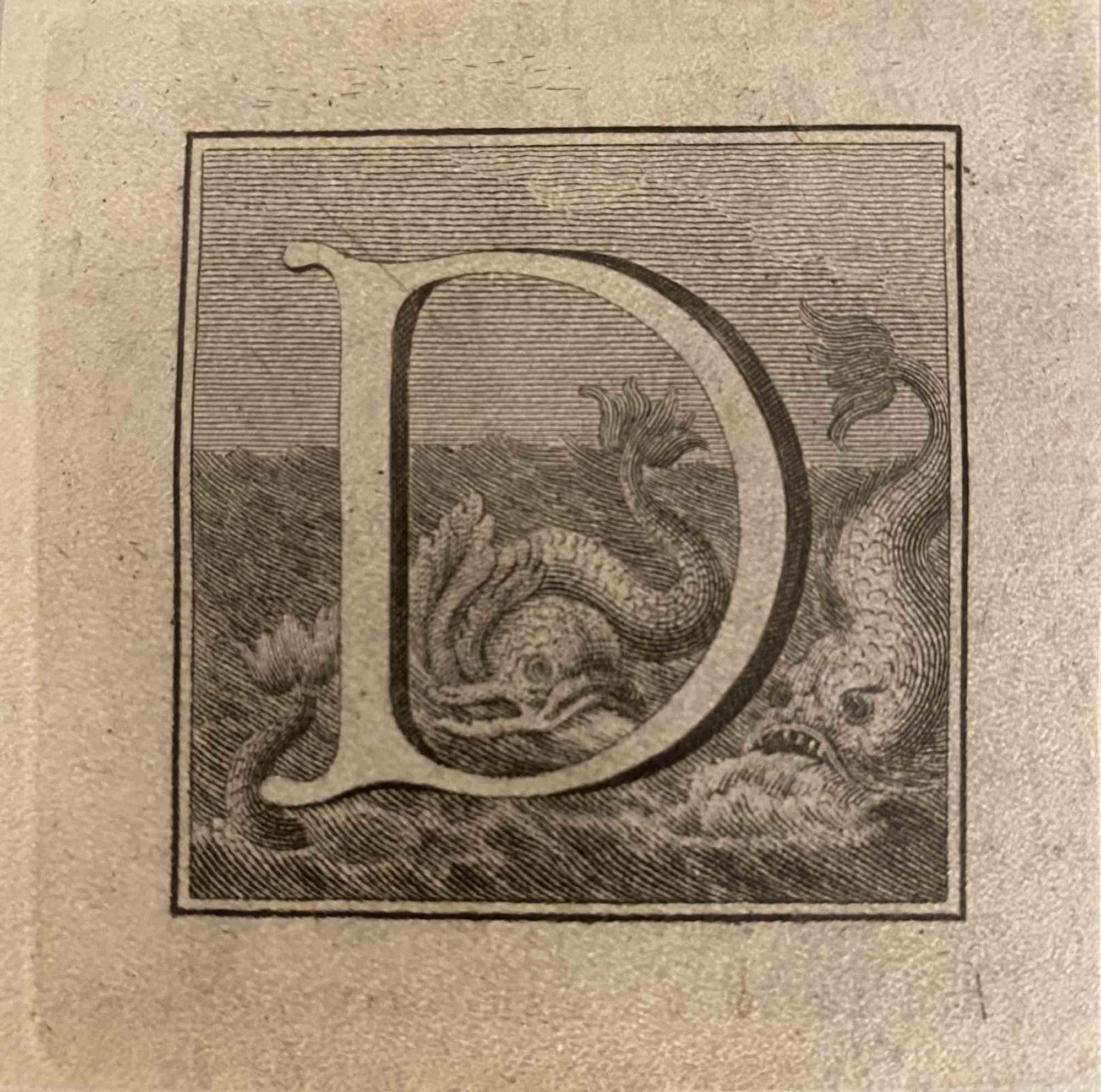 Lettre de l'alphabet D,  de la série "Antiquités d'Herculanum", est une gravure sur papier réalisée par Luigi Vanvitelli au 18ème siècle.

Bon état avec quelques petites rousseurs.

La gravure appartient à la suite d'estampes "Antiquités