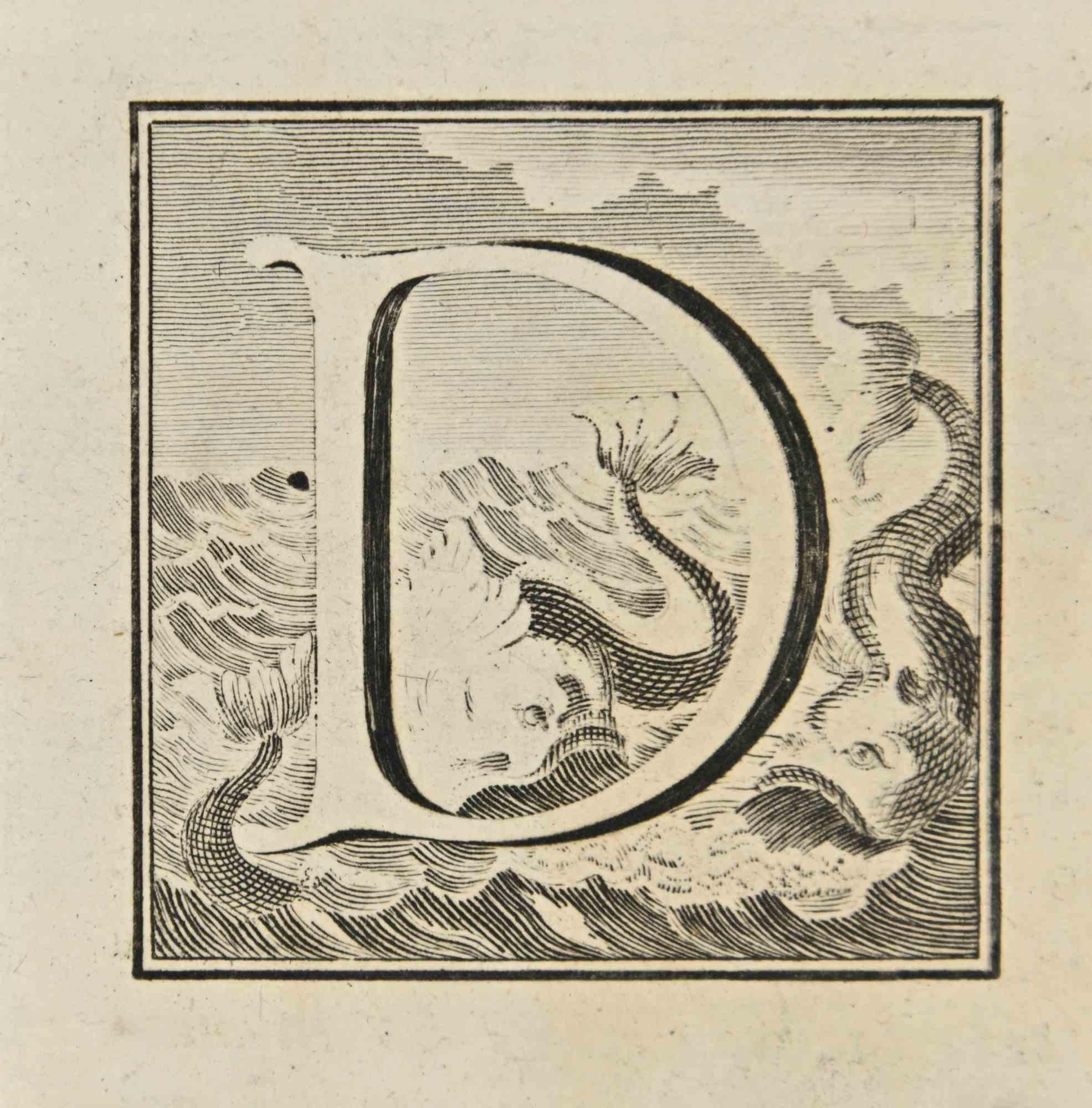 Buchstabe des Alphabets D  aus der Serie "Altertümer von Herculaneum" ist eine Radierung auf Papier, die von Luigi Vanvitelli im 18.

Gute Bedingungen.

Die Radierung gehört zu der Druckserie "Antiquities of Herculaneum Exposed" (Originaltitel: "Le