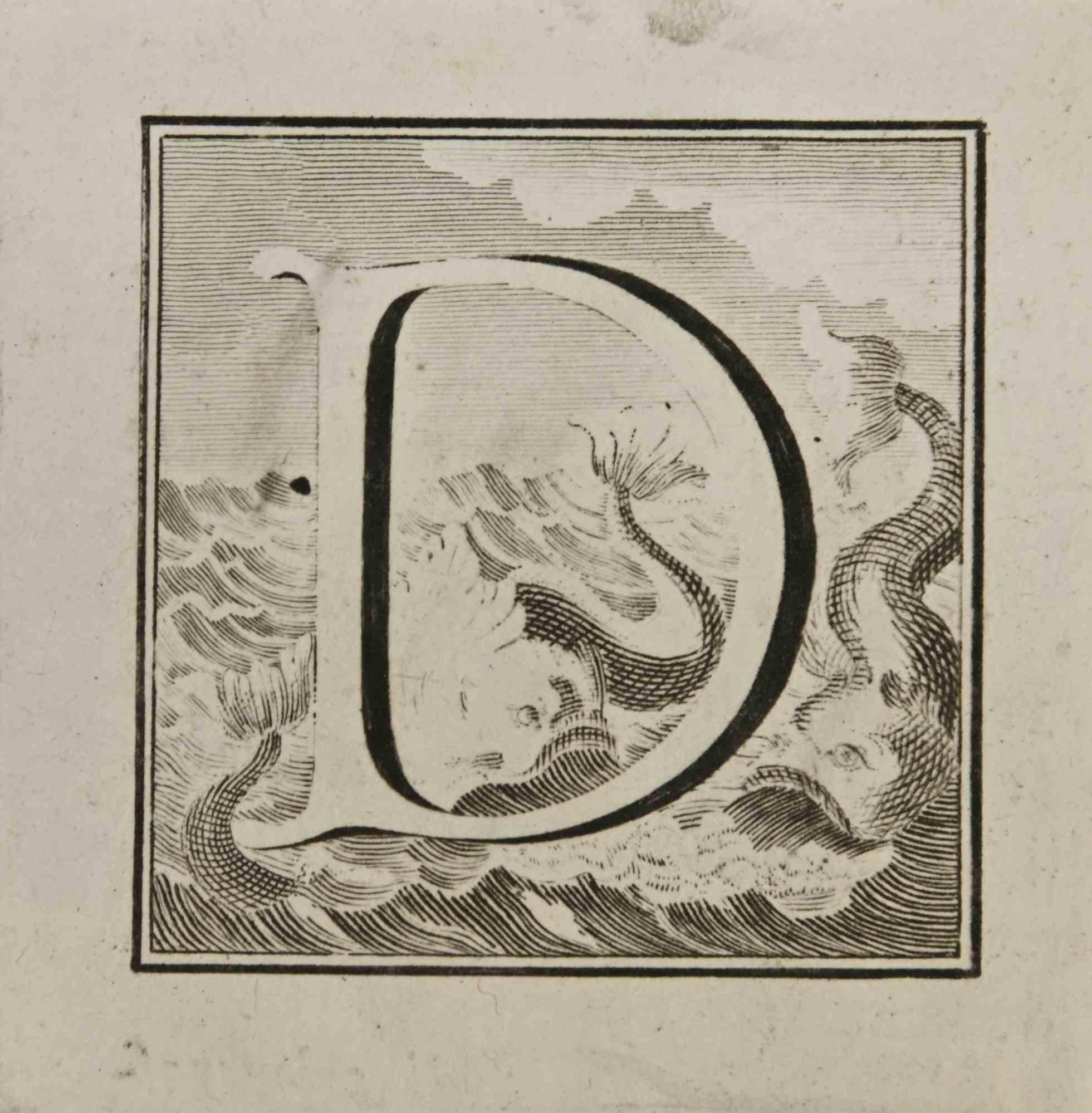 Lettre de l'alphabet D,  de la série "Antiquités d'Herculanum", est une gravure sur papier réalisée par Luigi Vanvitelli au 18ème siècle.

Bonnes conditions.

La gravure appartient à la suite d'estampes "Antiquités d'Herculanum exposées" (titre