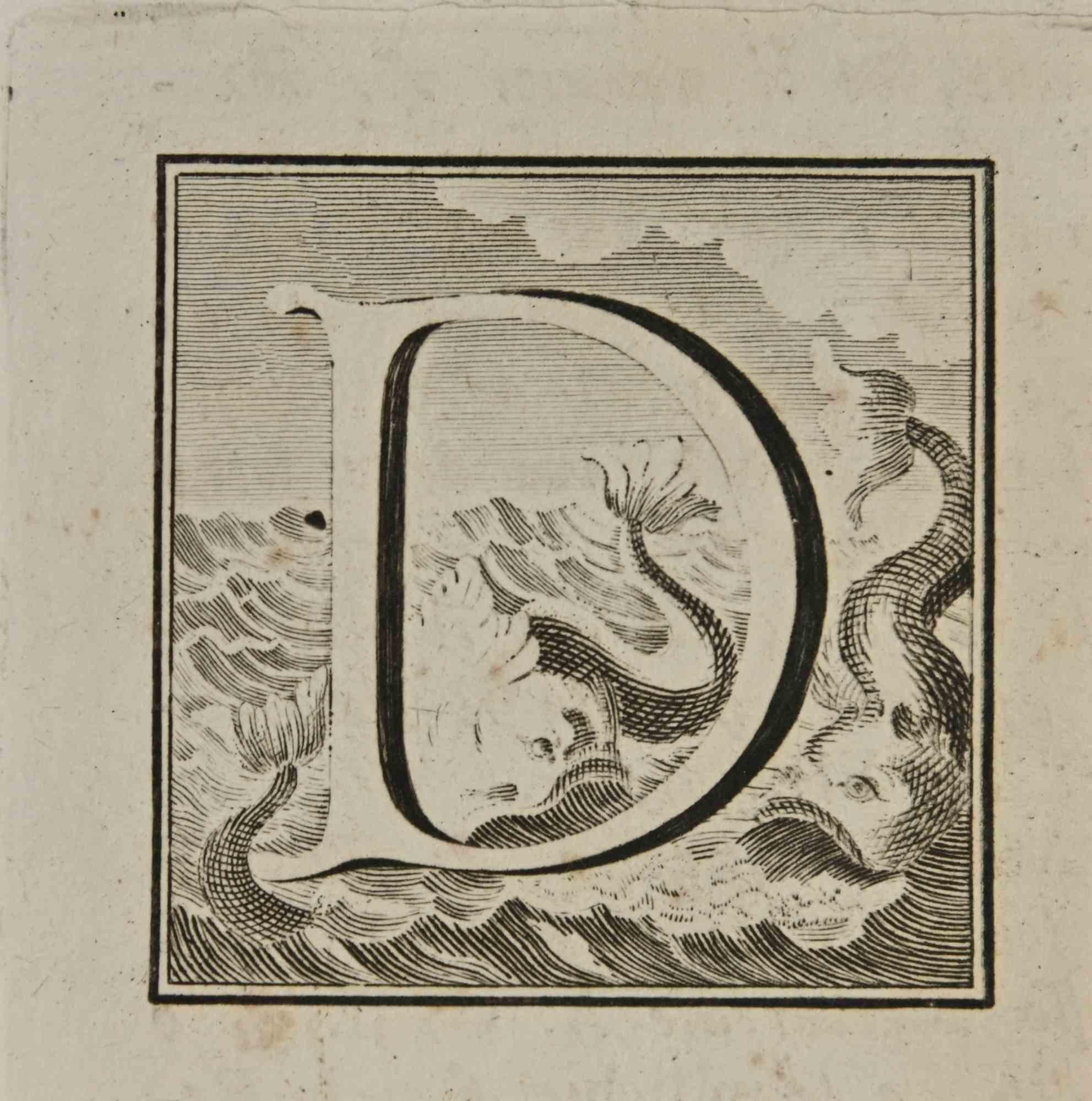 Buchstabe des Alphabets D,  aus der Serie "Altertümer von Herculaneum" ist eine Radierung auf Papier, die von Luigi Vanvitelli im 18.

Gute Bedingungen.

Die Radierung gehört zu der Druckserie "Antiquities of Herculaneum Exposed" (Originaltitel: "Le