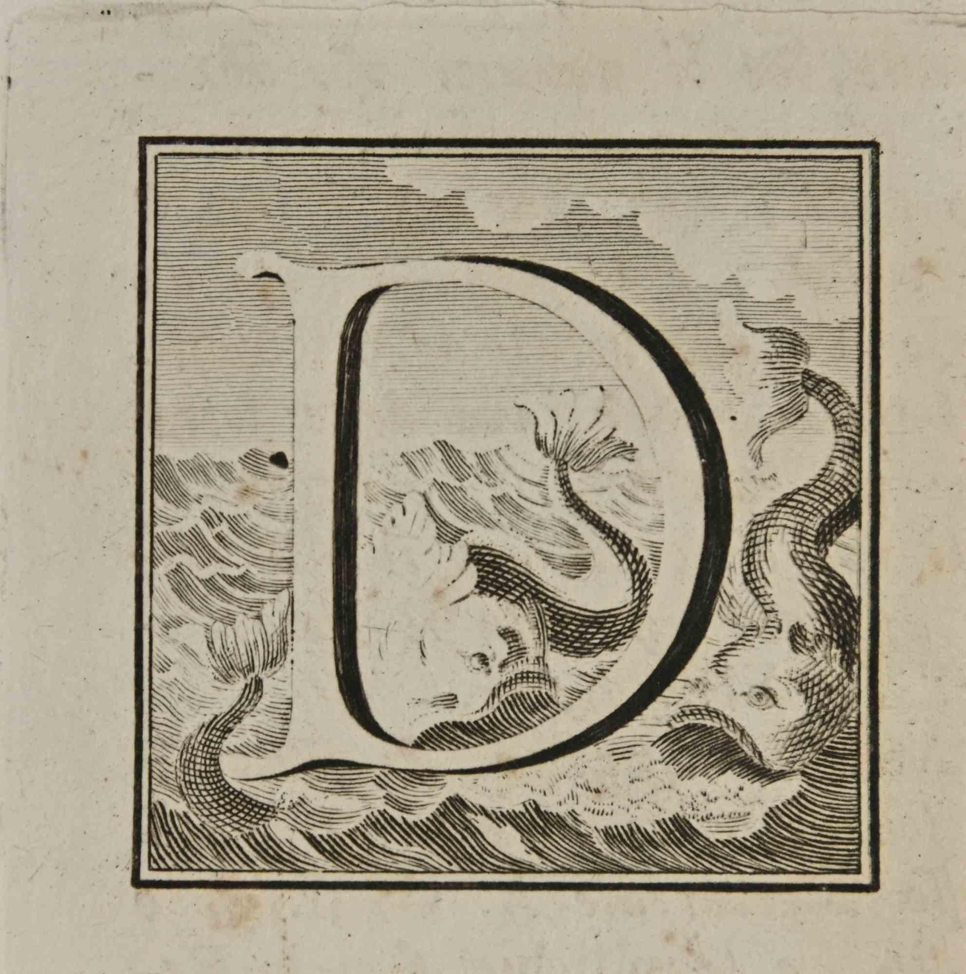 Lettre de l'alphabet D,  de la série "Antiquités d'Herculanum", est une gravure sur papier réalisée par Luigi Vanvitelli au 18ème siècle.

Bonnes conditions.

La gravure appartient à la suite d'estampes "Antiquités d'Herculanum exposées" (titre