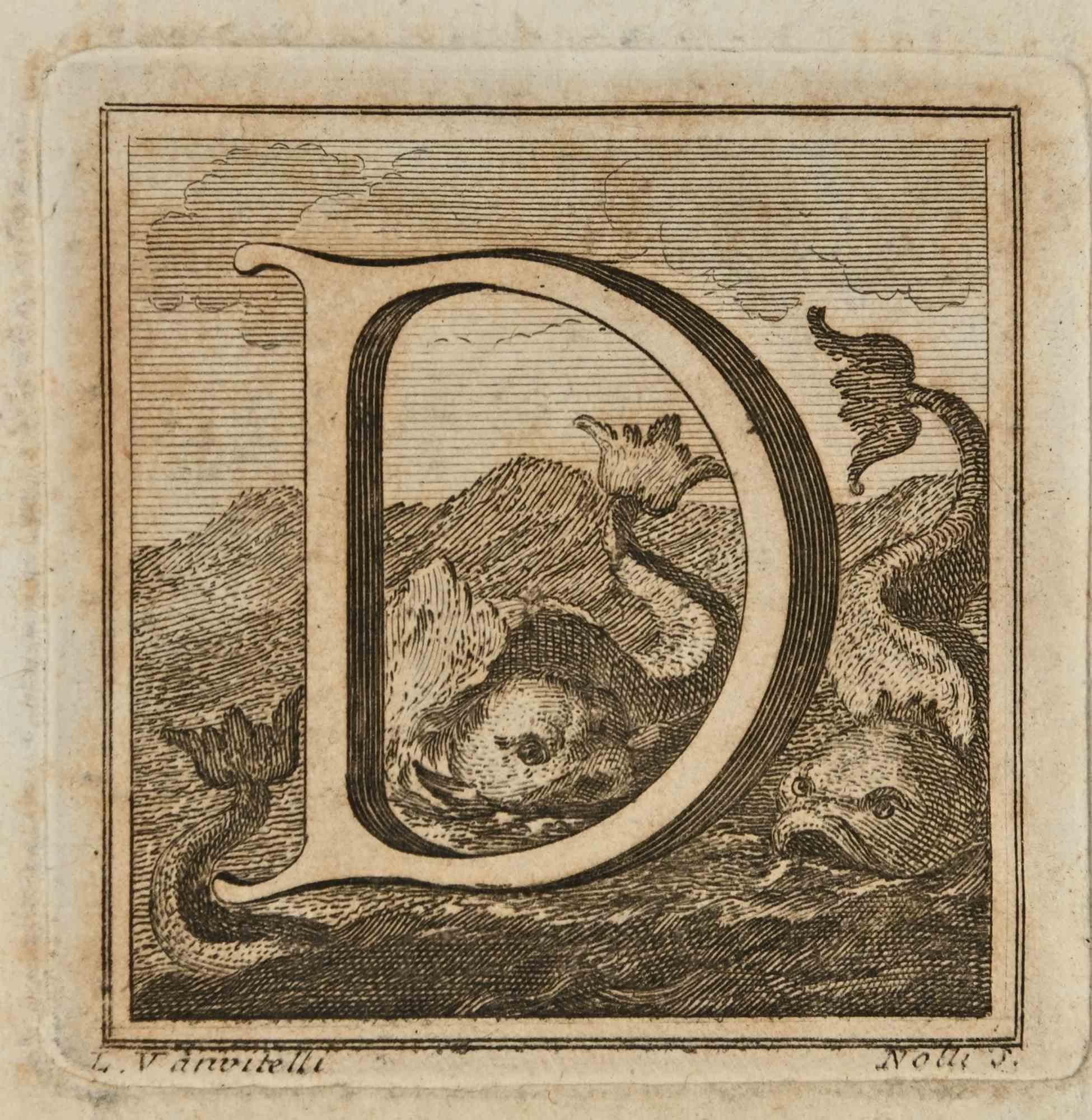 Buchstabe des Alphabets D,  aus der Serie "Altertümer von Herculaneum" ist eine Radierung auf Papier, die von Luigi Vanvitelli im 18.

Signiert auf der Platte.

Gute Bedingungen.

Die Radierung gehört zu der Druckserie "Antiquities of Herculaneum