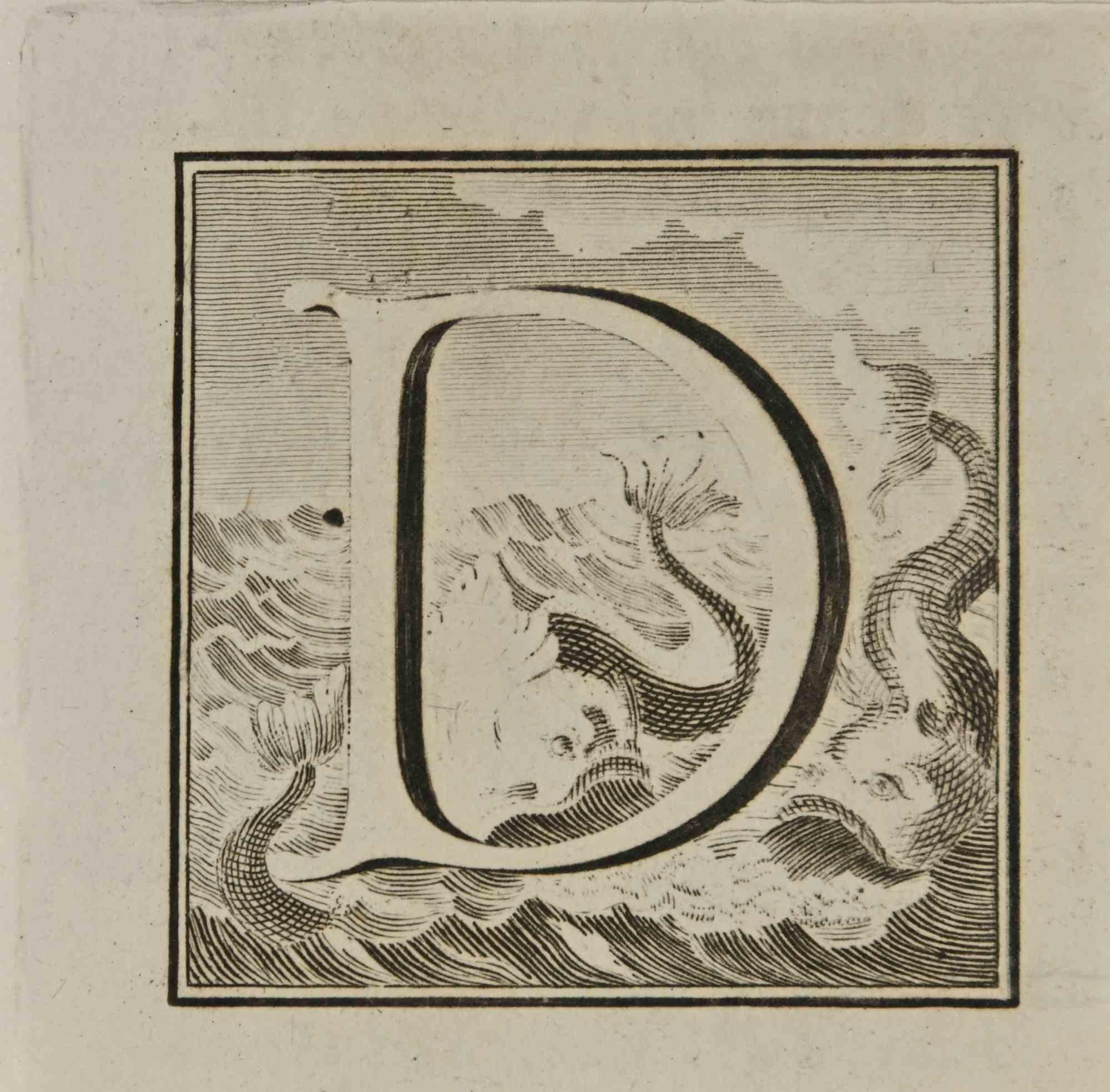 Lettre de l'alphabet D,  de la série "Antiquités d'Herculanum", est une gravure sur papier réalisée par Luigi Vanvitelli au 18ème siècle.

Bonnes conditions.

La gravure appartient à la suite d'estampes "Antiquités d'Herculanum exposées" (titre