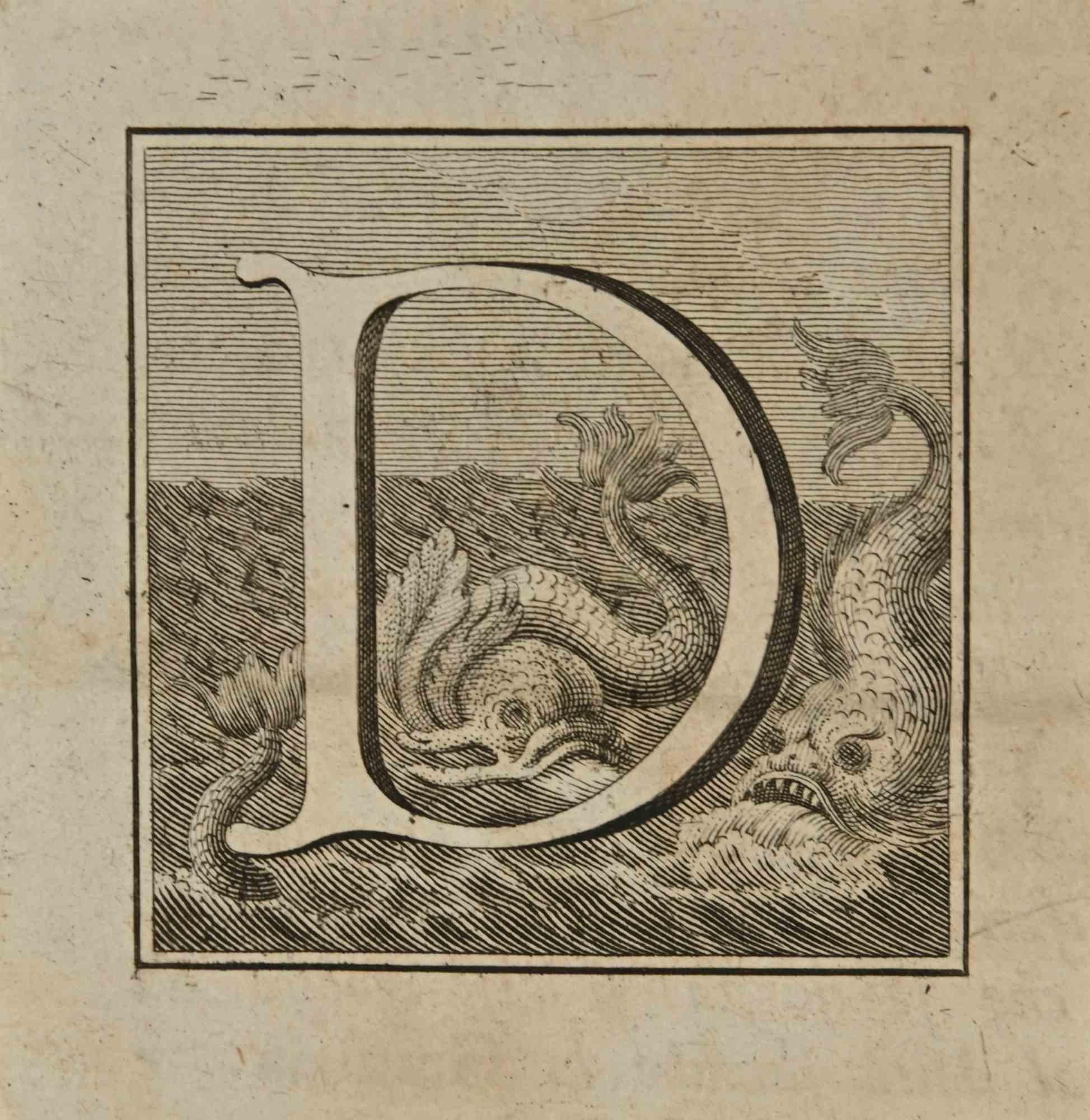 Buchstabe des Alphabets D,  aus der Serie "Altertümer von Herculaneum" ist eine Radierung auf Papier, die von Luigi Vanvitelli im 18.

Guter Zustand mit Falten.

Die Radierung gehört zu der Druckserie "Antiquities of Herculaneum Exposed"