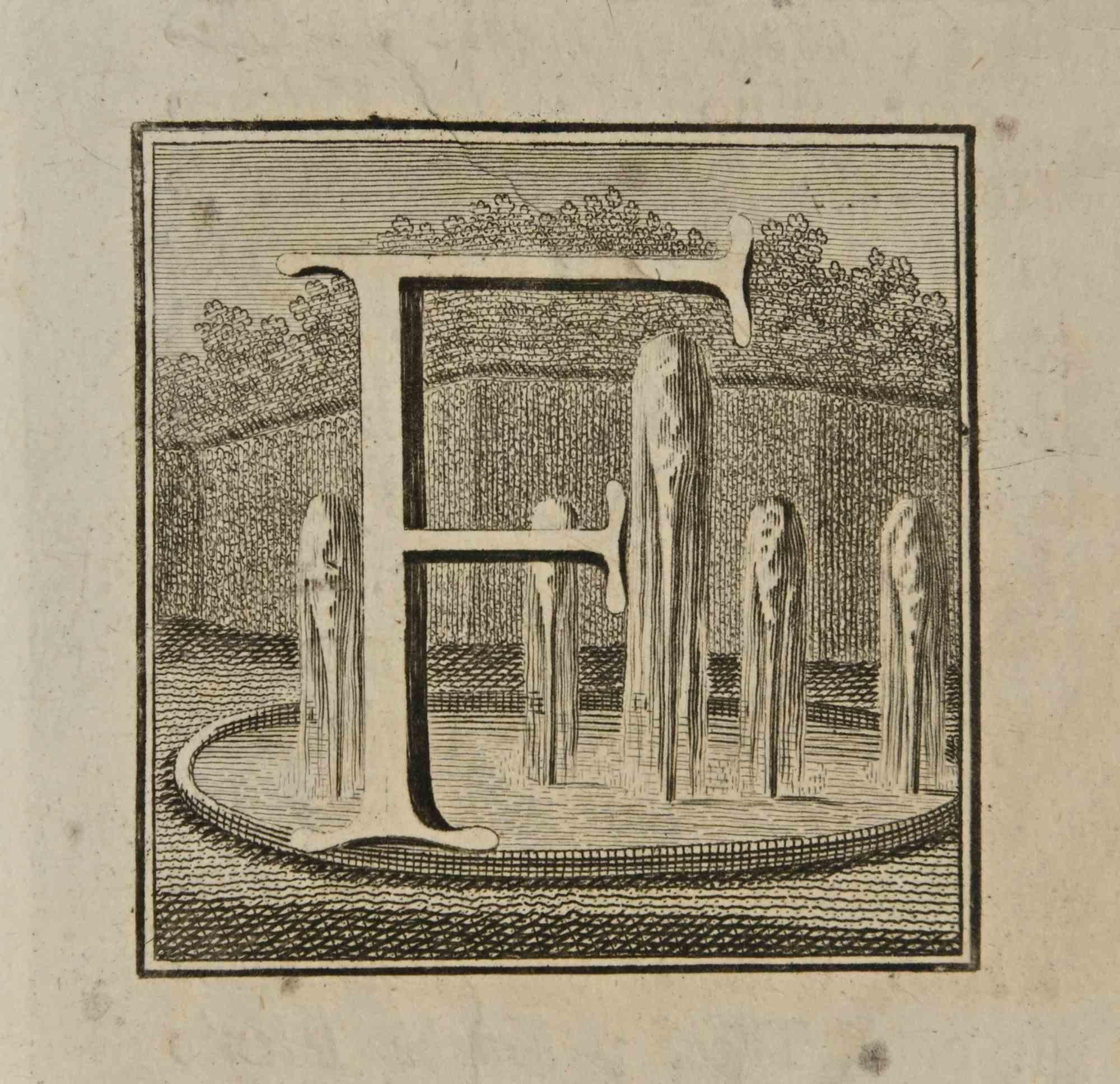 Lettera dell'alfabeto F,  della serie "Antichità di Ercolano", è un'acquaforte su carta realizzata da Luigi Vanvitelli nel XVIII secolo.

Buone condizioni.

L'incisione appartiene alla suite di stampe "Antiquities of Herculaneum Exposed" (titolo