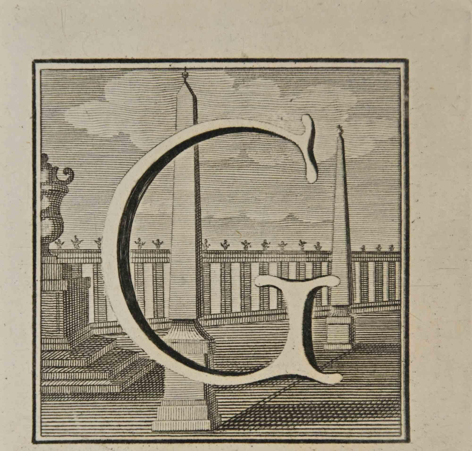 Lettre de l'alphabet G,  de la série "Antiquités d'Herculanum", est une gravure sur papier réalisée par Luigi Vanvitelli au 18ème siècle.

Bonnes conditions.

La gravure appartient à la suite d'estampes "Antiquités d'Herculanum exposées" (titre