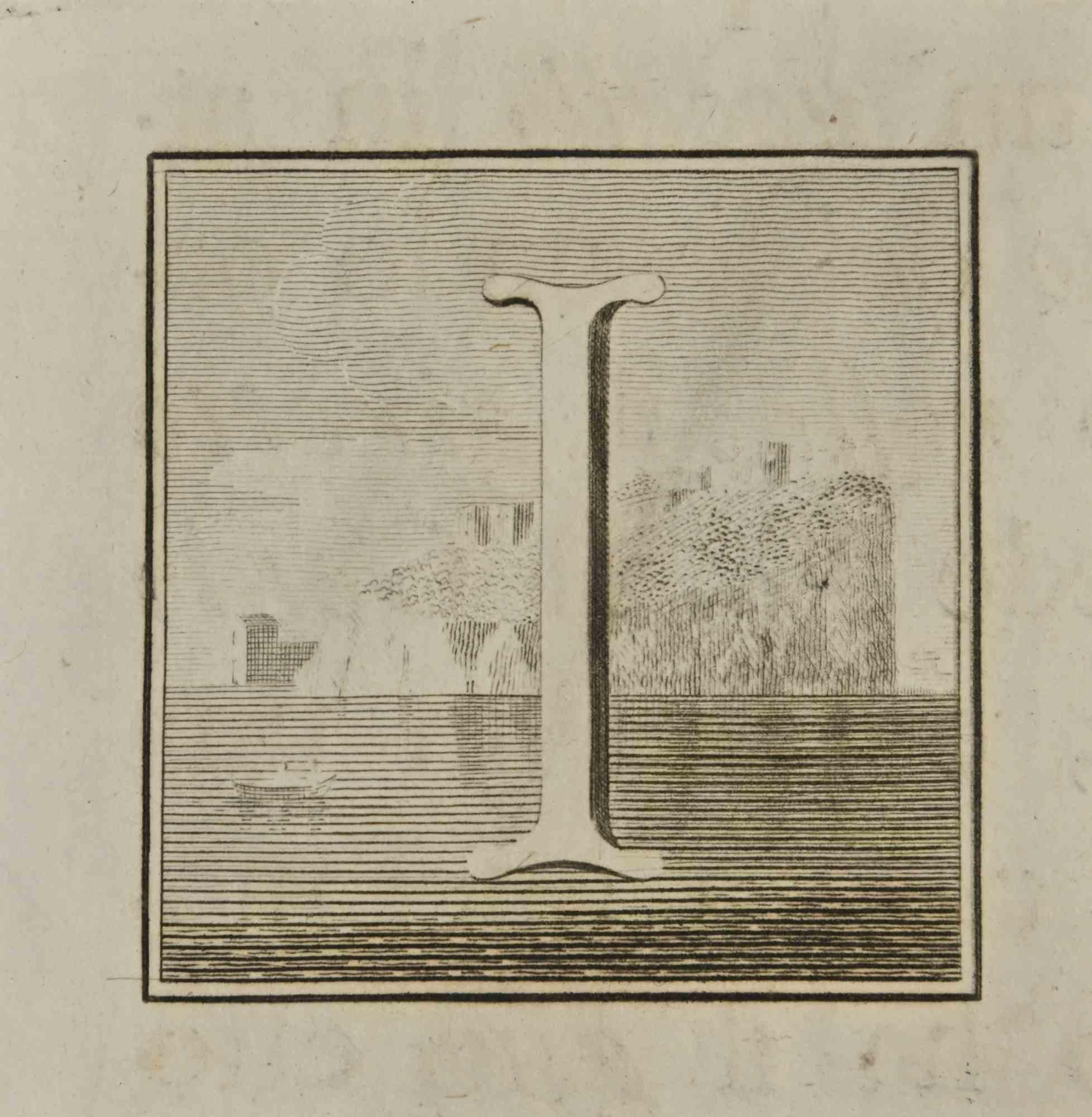Buchstabe des Alphabets I,  aus der Serie "Altertümer von Herculaneum" ist eine Radierung auf Papier, die von Luigi Vanvitelli im 18.

Guter Zustand mit kleinen Faltungen.

Die Radierung gehört zu der Druckserie "Antiquities of Herculaneum Exposed"