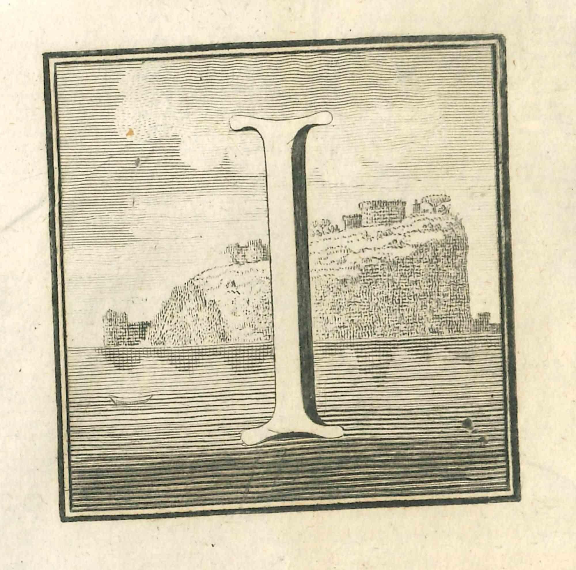 Lettre de l'alphabet I,  de la série "Antiquités d'Herculanum", est une gravure sur papier réalisée par Luigi Vanvitelli au 18ème siècle.

Bonnes conditions.

La gravure appartient à la suite d'estampes "Antiquités d'Herculanum exposées" (titre