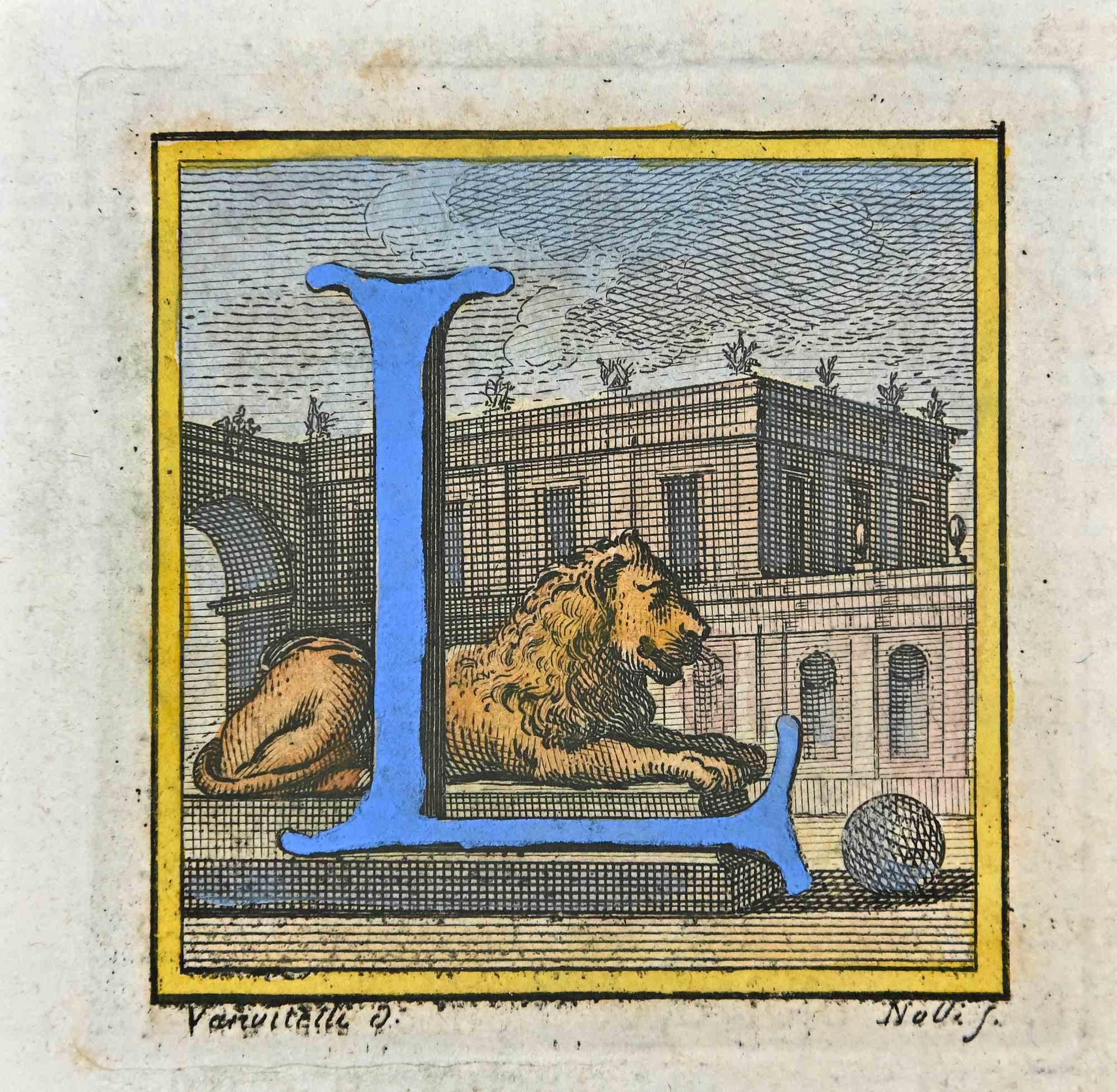 Buchstabe Alphabet  L  Radierung von Luigi Vanvitelli  18. Jahrhundert
