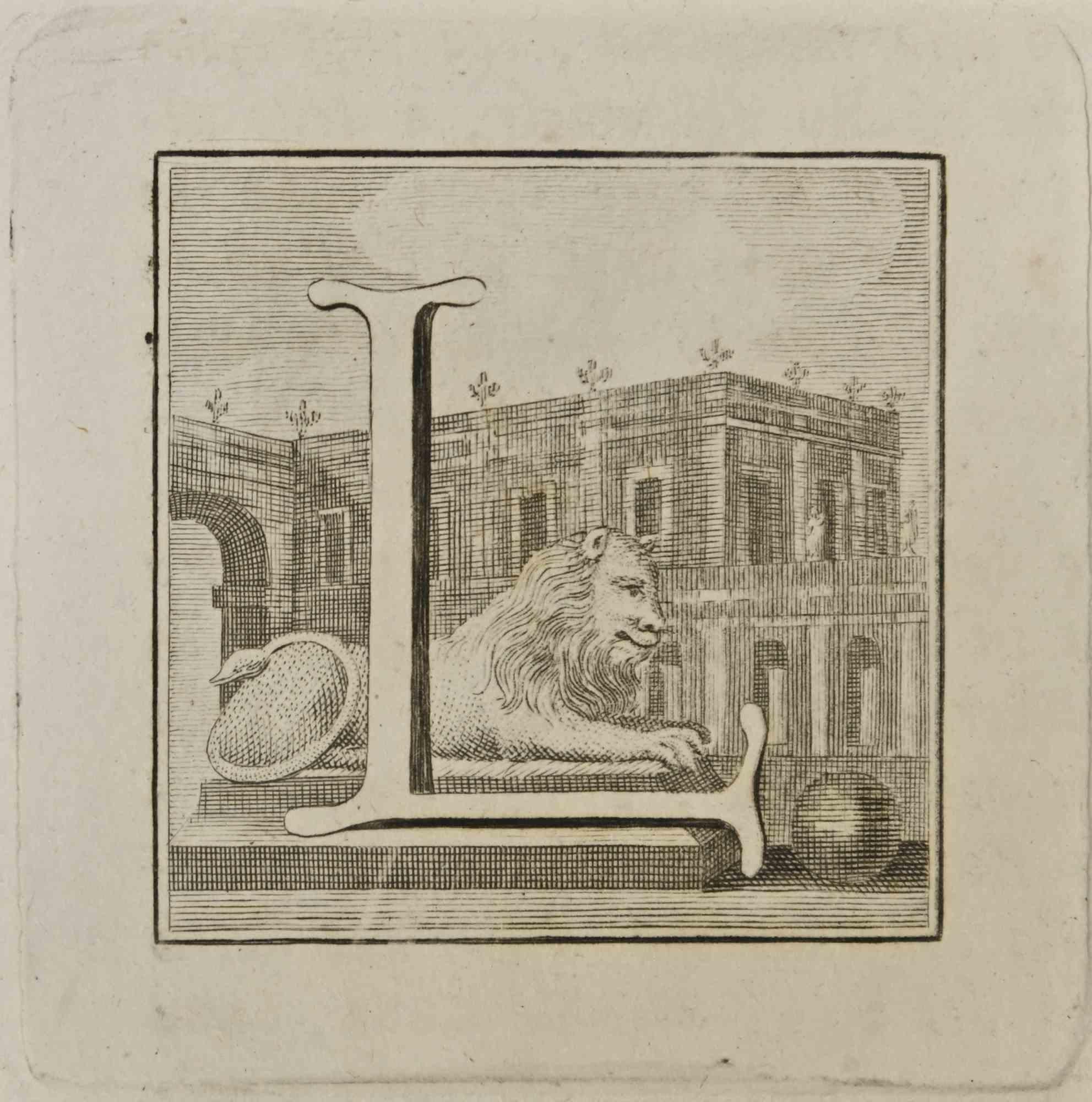 Buchstabe des Alphabets L,  aus der Serie "Altertümer von Herculaneum" ist eine Radierung auf Papier, die von Luigi Vanvitelli im 18.

Gute Bedingungen.

Die Radierung gehört zu der Druckserie "Antiquities of Herculaneum Exposed" (Originaltitel: "Le