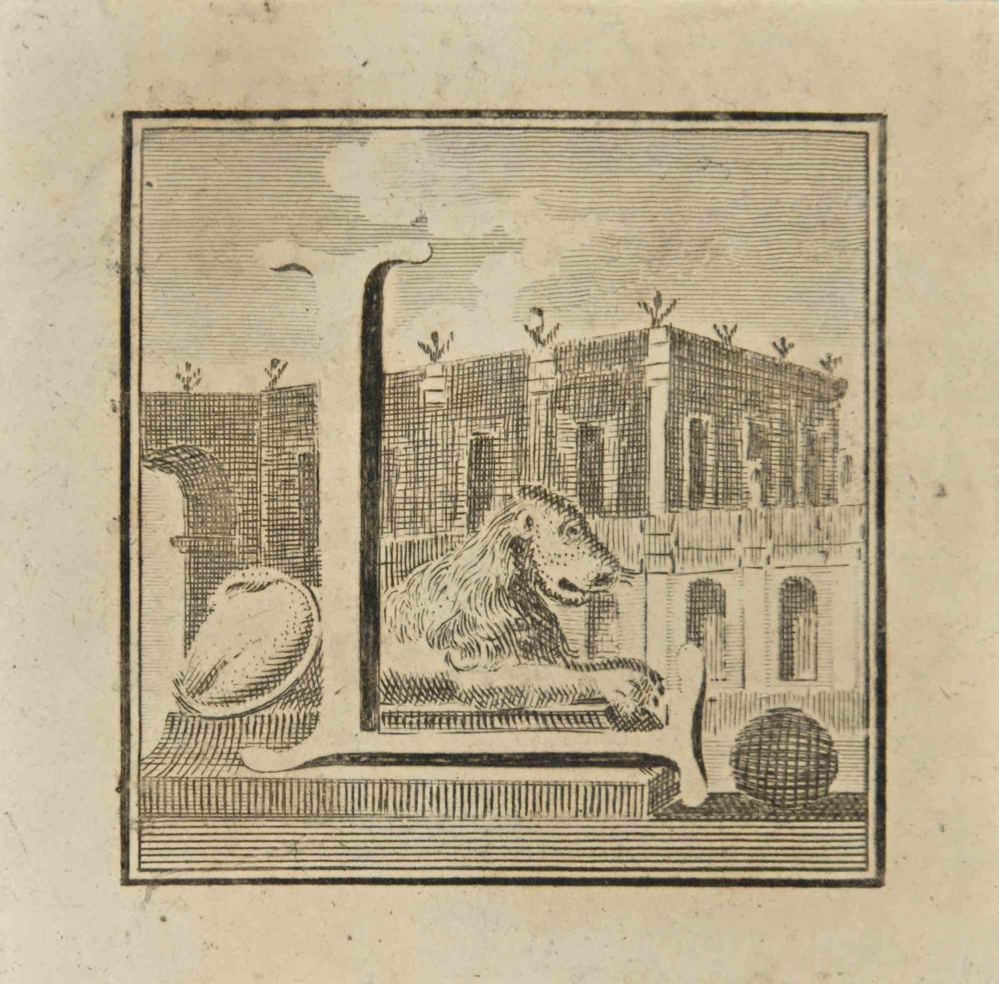 Letter of the Alphabet L,  from the series "Antiquities of Herculaneum", is an etching on paper realized by Luigi Vanvitelli in the 18th century.

Good conditions with minor foxing.

The etching belongs to the print suite “Antiquities of Herculaneum