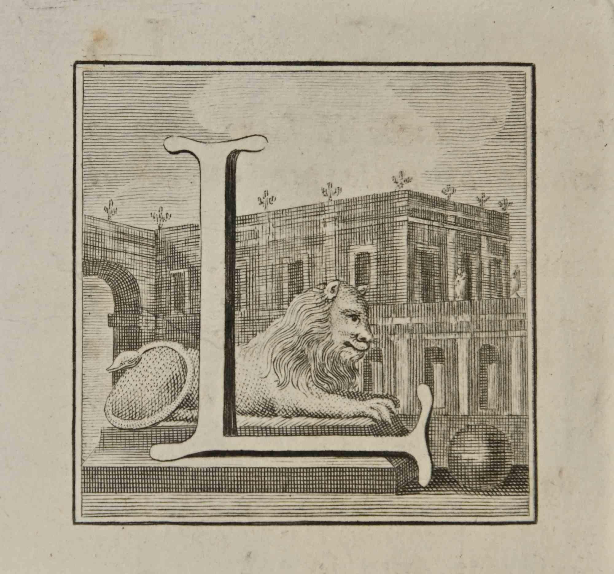 Letter of the Alphabet  L - Etching by Luigi Vanvitelli - 18th Century