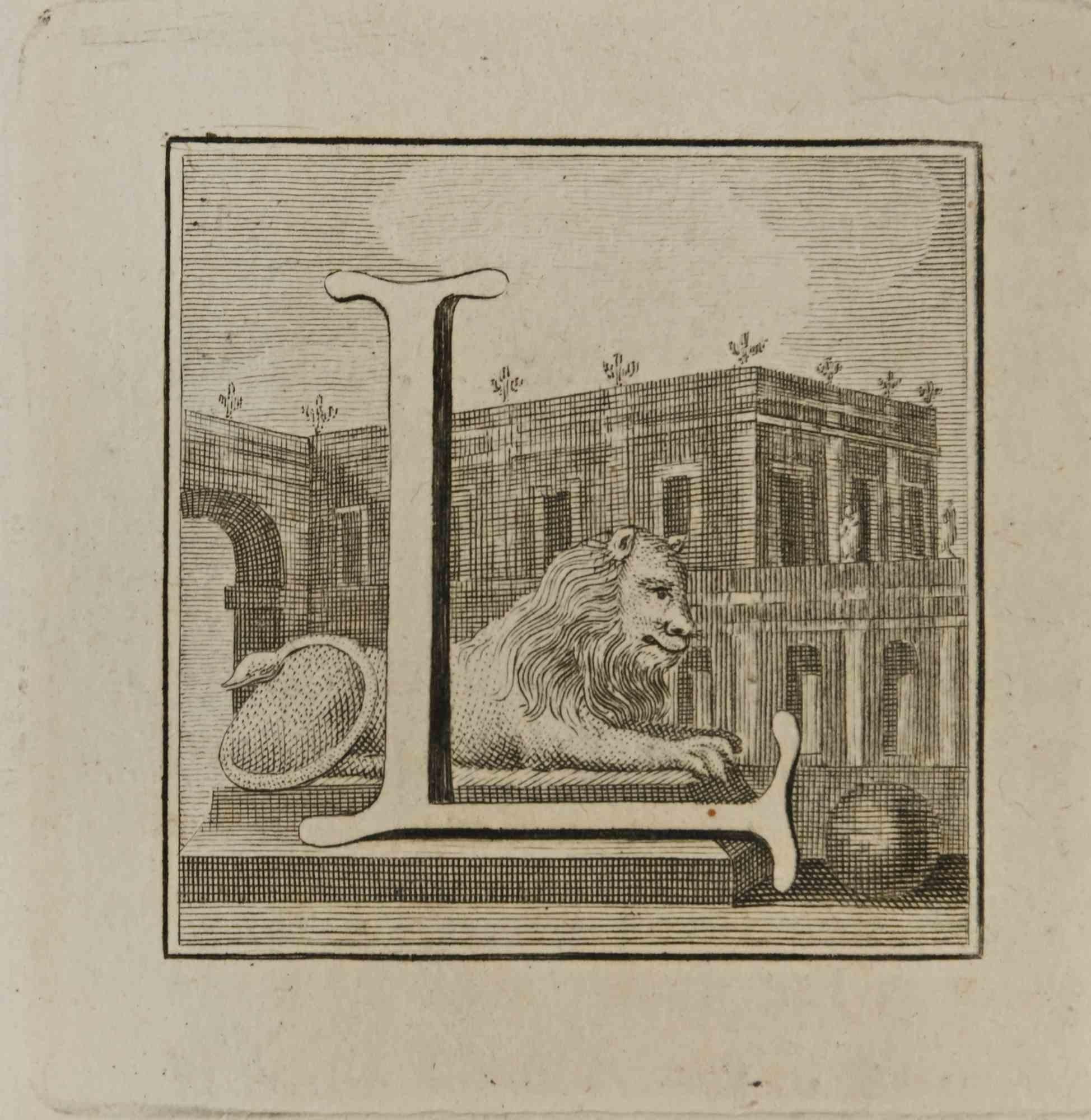 Buchstabe des Alphabets L,  aus der Serie "Altertümer von Herculaneum" ist eine Radierung auf Papier, die von Luigi Vanvitelli im 18.

Gute Bedingungen.

Die Radierung gehört zu der Druckserie "Antiquities of Herculaneum Exposed" (Originaltitel: "Le