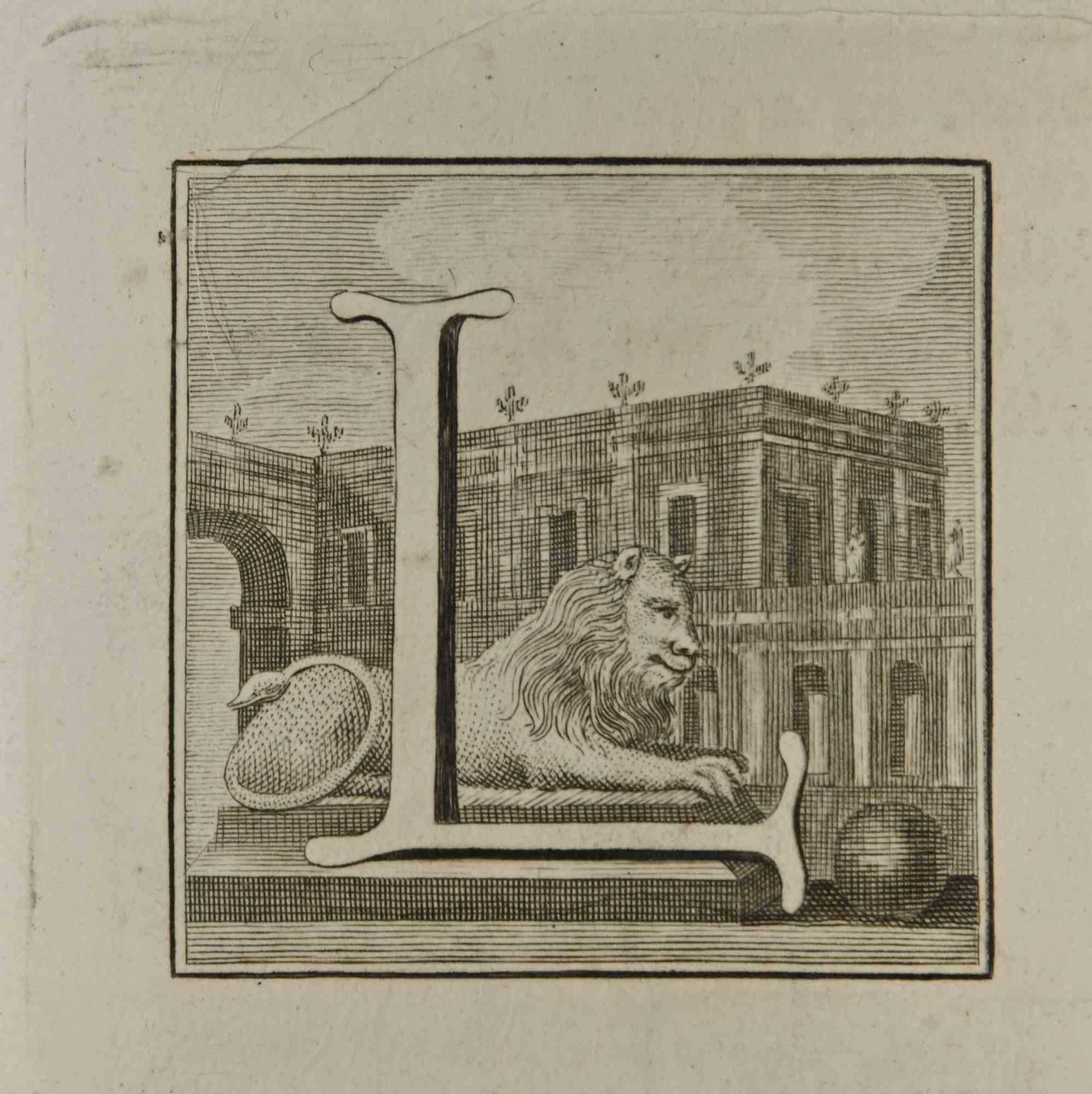 Buchstabe des Alphabets L,  aus der Serie "Altertümer von Herculaneum", ist eine Radierung auf Papier, die von Luigi Vanvitelli im 18.

Gute Bedingungen.

Die Radierung gehört zu der Druckserie "Antiquities of Herculaneum Exposed" (Originaltitel: