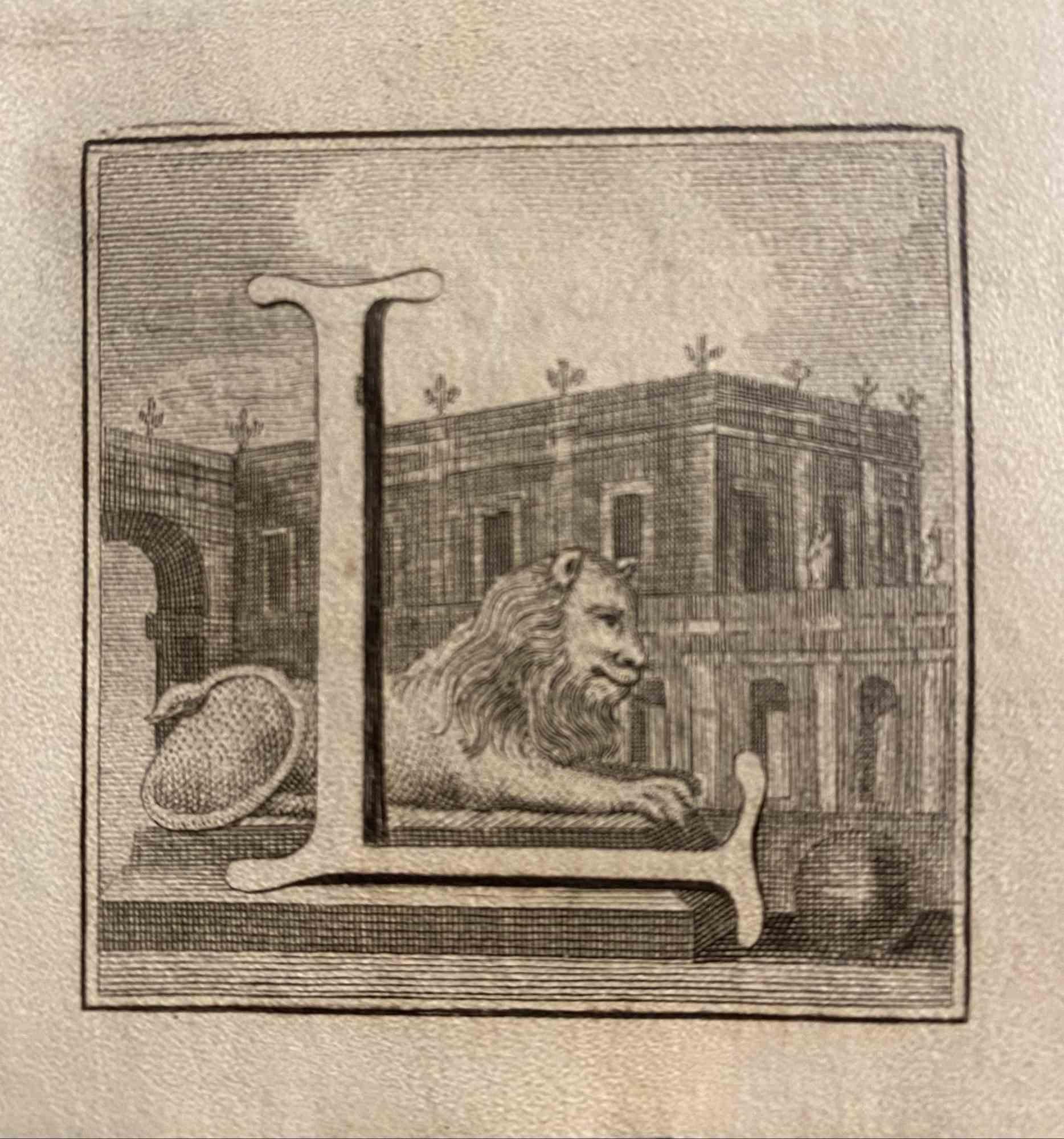 Buchstabe des Alphabets L aus der Serie "Antiquitäten von Herculaneum", ist eine Radierung auf Papier, die von Luigi Vanvitelli im 18.

Guter Zustand mit einigen Stockflecken.

Die Radierung gehört zu der Druckserie "Antiquities of Herculaneum