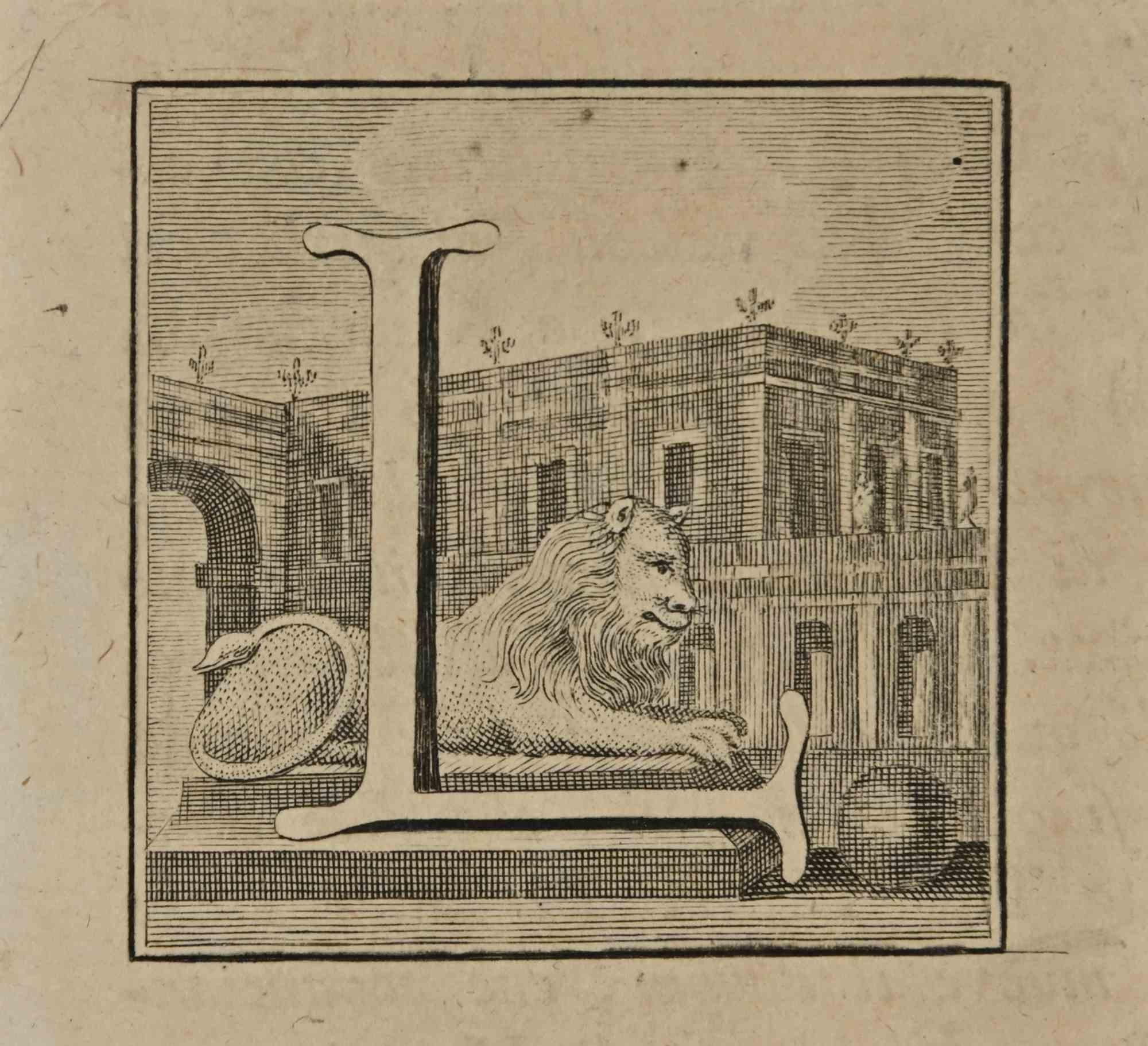 Letter of the Alphabet L,  from the series "Antiquities of Herculaneum", is an etching on paper realized by Luigi Vanvitelli in the 18th century.

Good conditions.

The etching belongs to the print suite “Antiquities of Herculaneum Exposed”