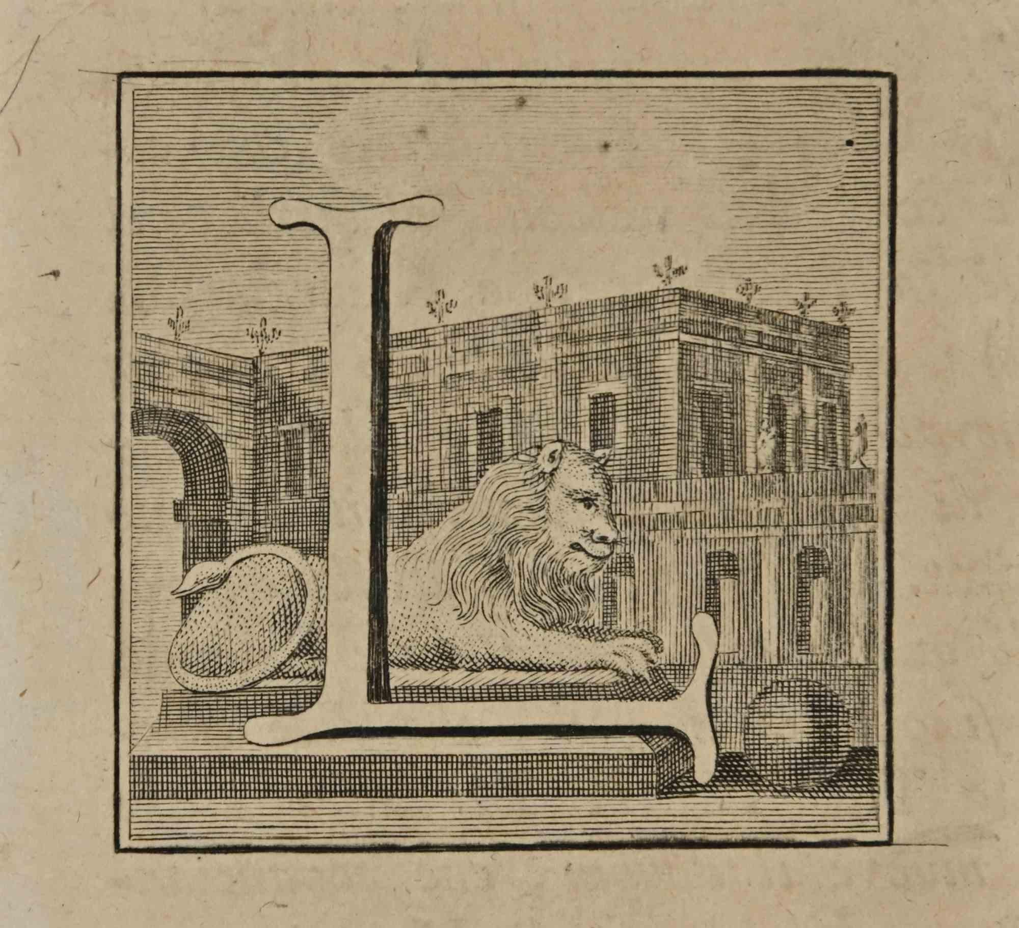 Buchstabe des Alphabets L,  aus der Serie "Altertümer von Herculaneum" ist eine Radierung auf Papier, die von Luigi Vanvitelli im 18.

Gute Bedingungen.

Die Radierung gehört zu der Druckserie "Antiquities of Herculaneum Exposed" (Originaltitel: "Le