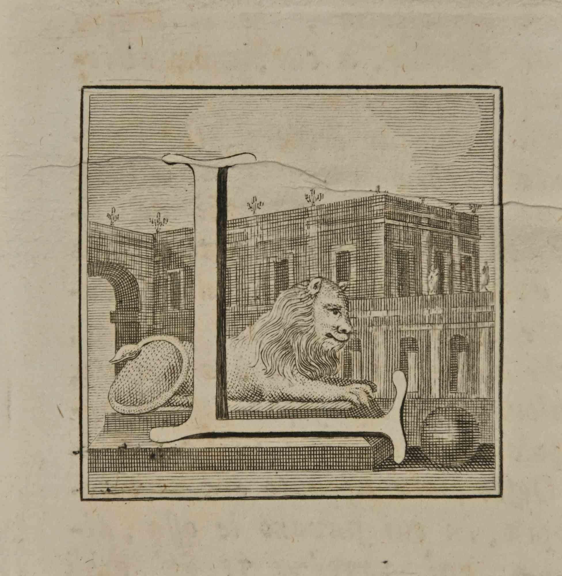 Buchstabe des Alphabets L,  aus der Serie "Altertümer von Herculaneum" ist eine Radierung auf Papier, die von Luigi Vanvitelli im 18.

Gute Bedingungen.

Die Radierung gehört zu der Druckserie "Antiquities of Herculaneum Exposed" (Originaltitel: "Le