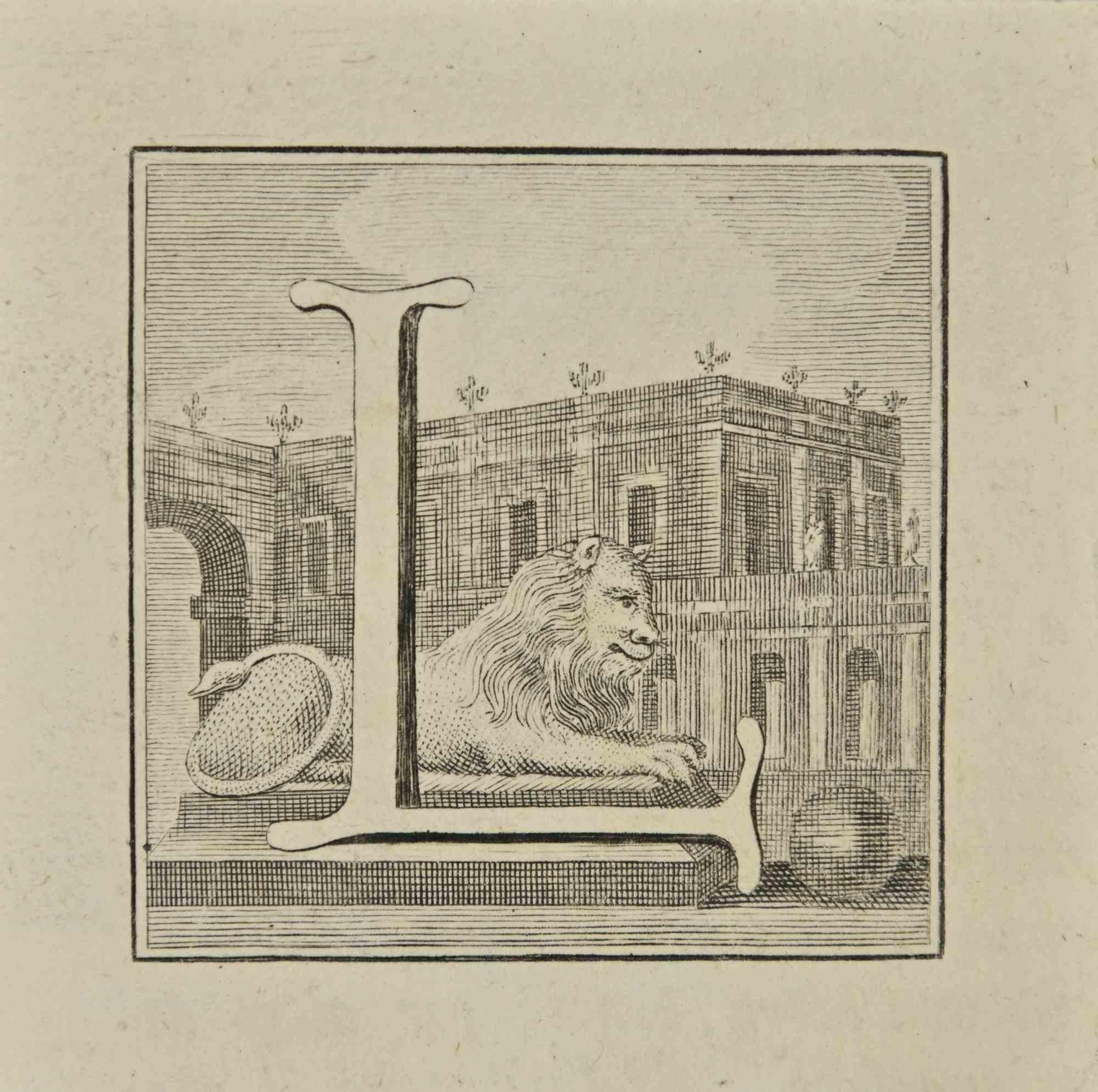 Lettre de l'alphabet L,  de la série "Antiquités d'Herculanum", est une gravure sur papier réalisée par Luigi Vanvitelli au 18ème siècle.

Bonnes conditions.

La gravure appartient à la suite d'estampes "Antiquités d'Herculanum exposées" (titre