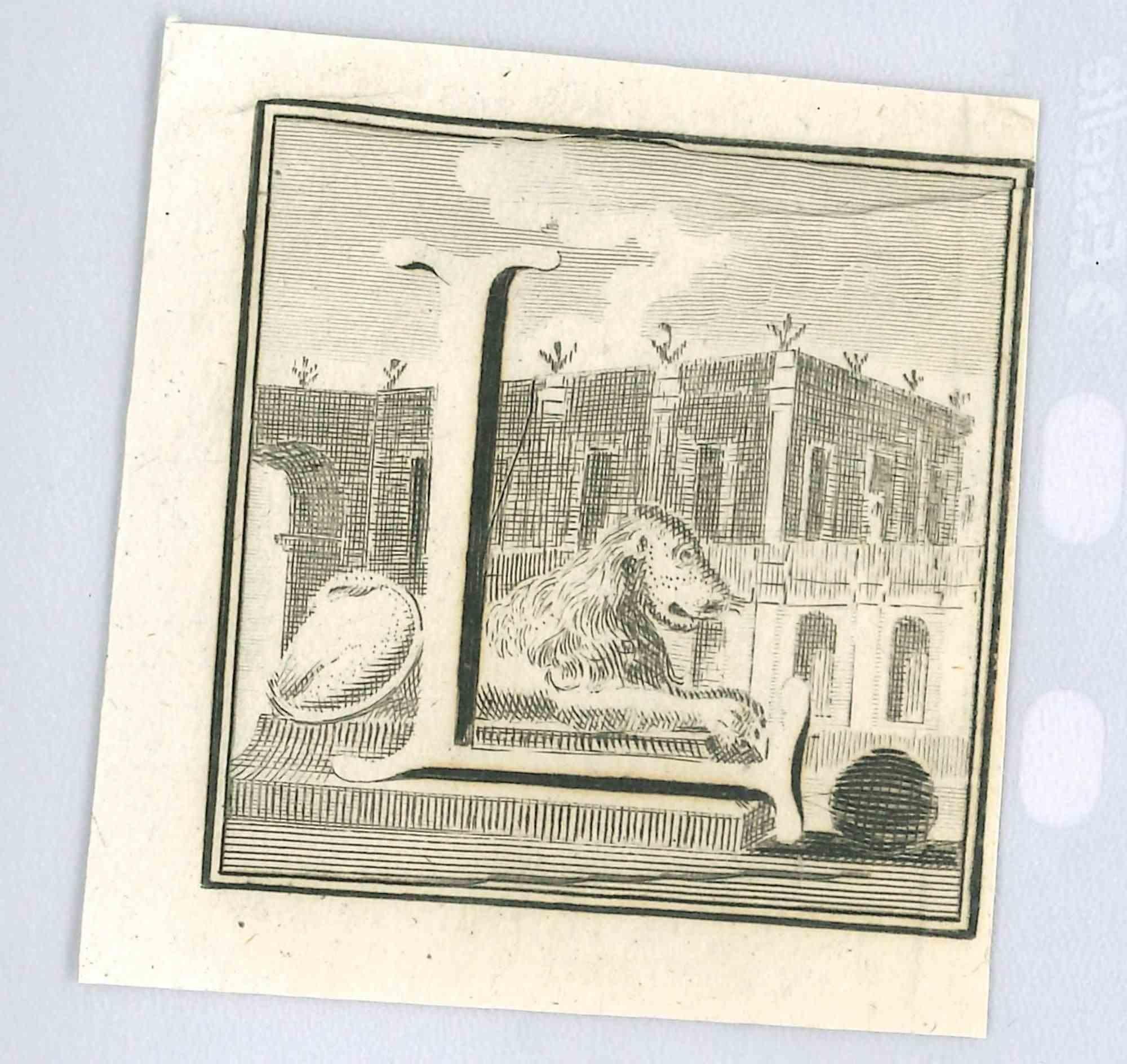 Lettre de l'alphabet L,  de la série "Antiquités d'Herculanum", est une gravure sur papier réalisée par Luigi Vanvitelli au 18ème siècle.

Bon état avec de légers plis.

La gravure appartient à la suite d'estampes "Antiquités d'Herculanum exposées"