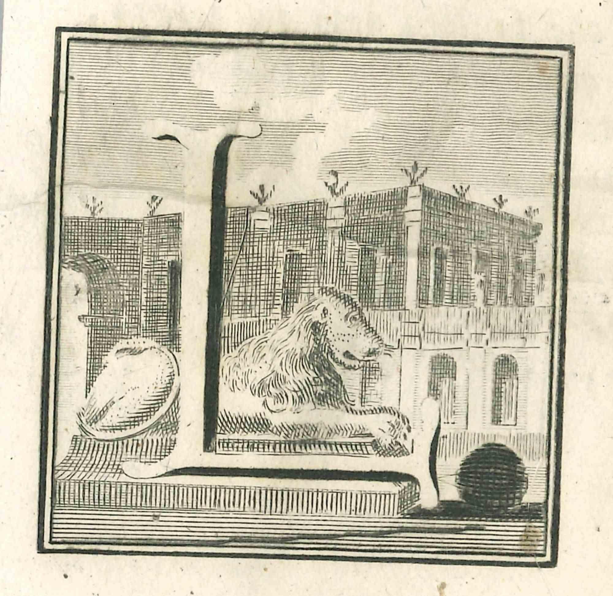 Letter of the Alphabet L,  from the series "Antiquities of Herculaneum", is an etching on paper realized by Luigi Vanvitelli in the 18th century.

Good conditions with slight folding.

The etching belongs to the print suite “Antiquities of