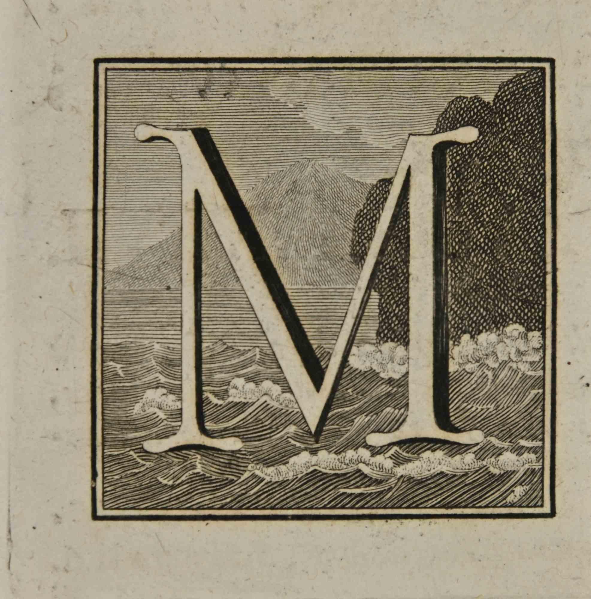 Lettre de l'alphabet M,  de la série "Antiquités d'Herculanum", est une gravure sur papier réalisée par Luigi Vanvitelli au 18ème siècle.

Bonnes conditions.

La gravure appartient à la suite d'estampes "Antiquités d'Herculanum exposées" (titre