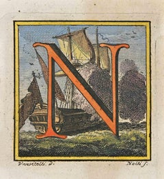 Antique Letter of the Alphabet  N - Etching by Luigi Vanvitelli - 18th Century