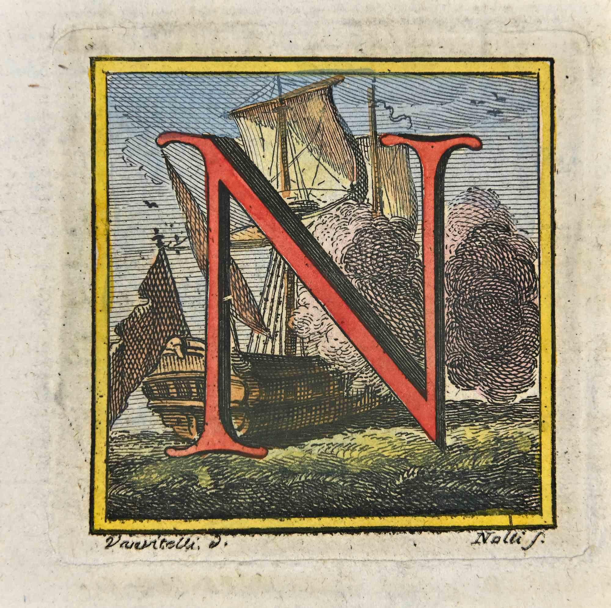 Buchstabe des Alphabets N  aus der Serie "Altertümer von Herculaneum", ist eine Radierung auf Papier, die von Luigi Vanvitelli im 18.

Signiert auf der Platte.

Gute Bedingungen.

Die Radierung gehört zu der Druckserie "Antiquities of Herculaneum