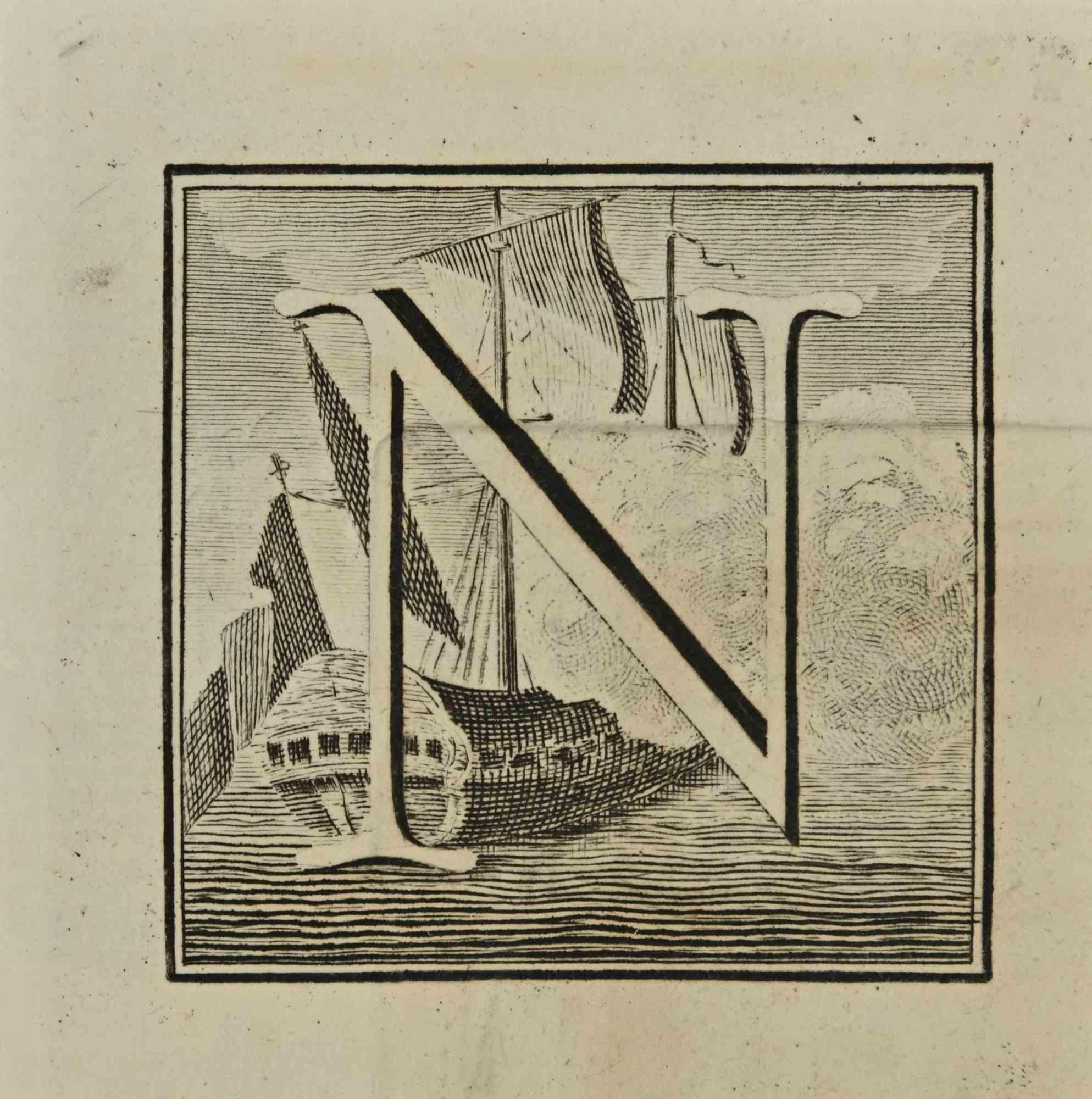 Buchstabe des Alphabets N,  aus der Serie "Altertümer von Herculaneum" ist eine Radierung auf Papier, die von Luigi Vanvitelli im 18.

Gute Bedingungen.

Die Radierung gehört zu der Druckserie "Antiquities of Herculaneum Exposed" (Originaltitel: "Le